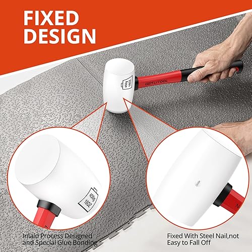 Miniatura 4 de GETLITOOL Mazo de goma de 16 onzas, martillo de goma blanco sin marcas con dos lados, mango de fibra de vidrio para instalación de azulejos, pisos,