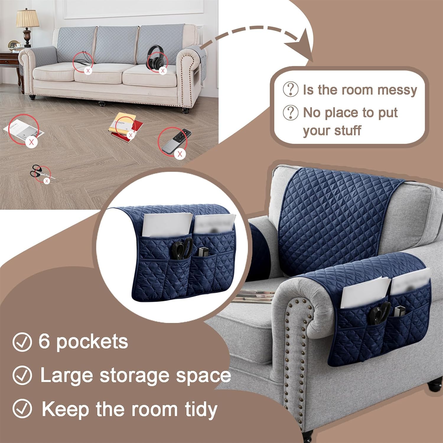 Waterproof Sofa Armrest Cover 1 2 3 Seater Headrest Cover for Recliner Nonslip Quilted Chair Arm Cover, Armchair Slipcover Furniture Protector for Pets Leather Sofa Couch (Navy Blue,1-Seater(3PCS))