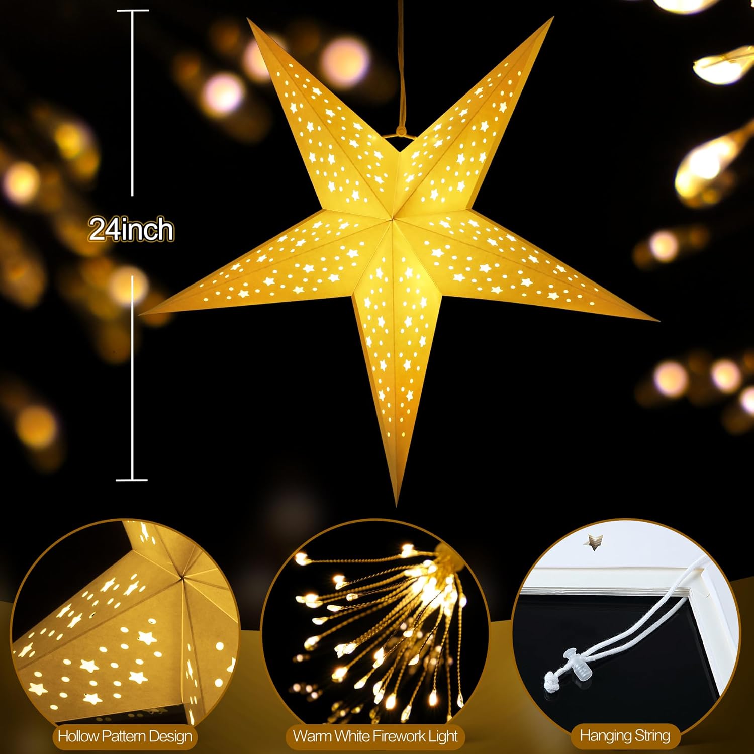 Hiboom 8 Pack Paper Star Lantern 24 Inch, 8 Mode 50 LEDs Firework Fairy String Lights, Five Pointed Light up Hollow Out Star Hanging Decoration for Indoor Outdoor Room Wedding Christmas Party