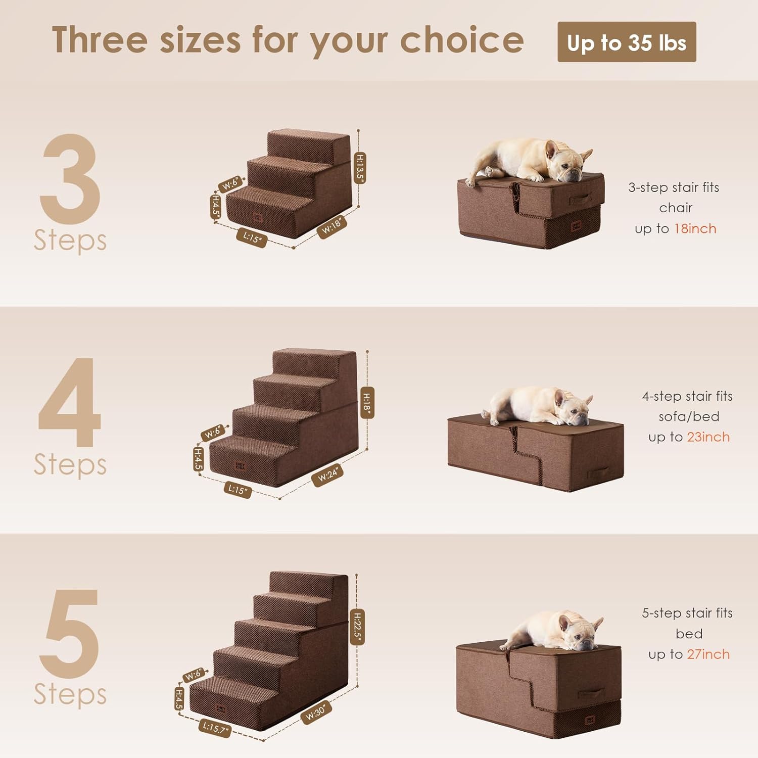 EHEYCIGA Dog Stairs for Small Dogs 13.5" H, 3-Step Dog Steps for Couch Sofa and Chair, Pet Steps for Medium Cats, Non-Slip Balanced Pet Ramp Indoor, Brown Brown 3 Standard 15" x 18" x 13.5"