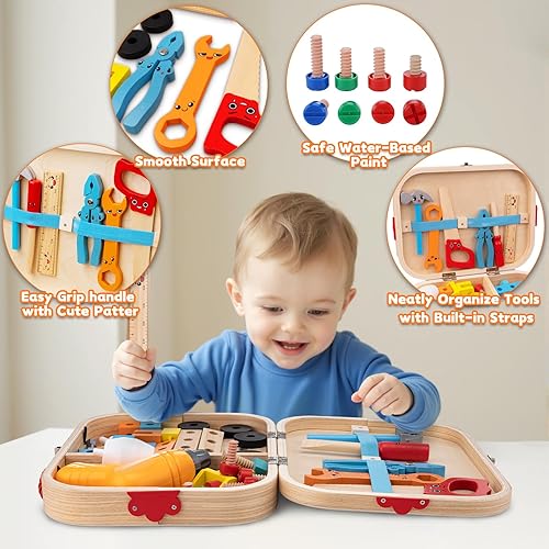 Miniatura 5 de Juego de herramientas para niños pequeños, 56 piezas de madera con caja de herramientas, juguetes educativos de aprendizaje de construcción, juegos