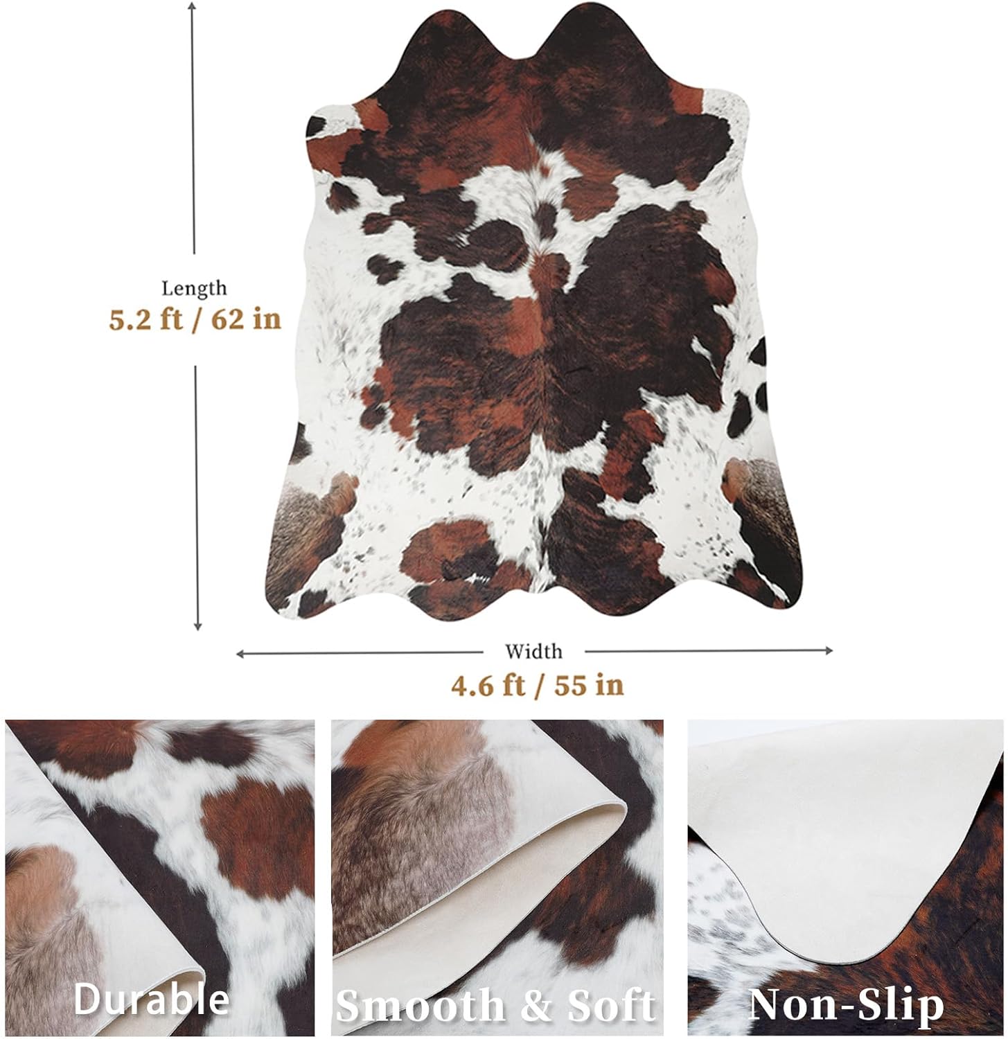 Cowhide Rug Faux Cowhide Rugs Cow Hide Animal Print Rug Brown Non-Slip Area Rug Western Decor for Living Room, Bedroom, Office(4.6x5.2ft)