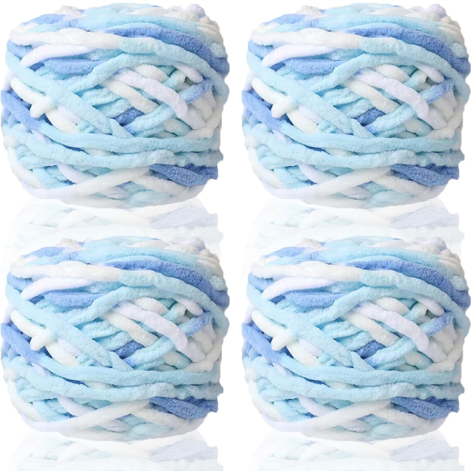 95gx4 Chunky Yarn for Crocheting & Knitting,7mm/0.27inches Thick Crochet Chenille Yarn,Fluffy Chunky Wool for Crochet Blanket,Doll,Bag,Hat,Pillow Cushion,Cat Bed(White Blue Yellow)