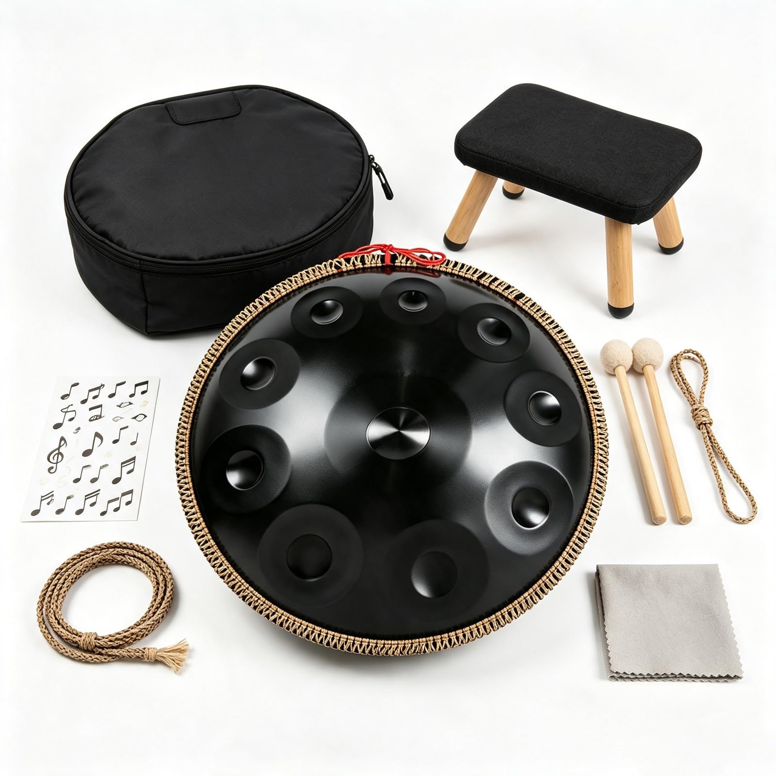 Handpan Curdo In Re Minore Da 22 Pollici, Strumento A Percussione In Acciaio A 10 Note Per La Meditazione, Set Di Handpan Con Borsa Per Il Trasporto, Sgabello Pieghevole, Bacchette, Corda, Black