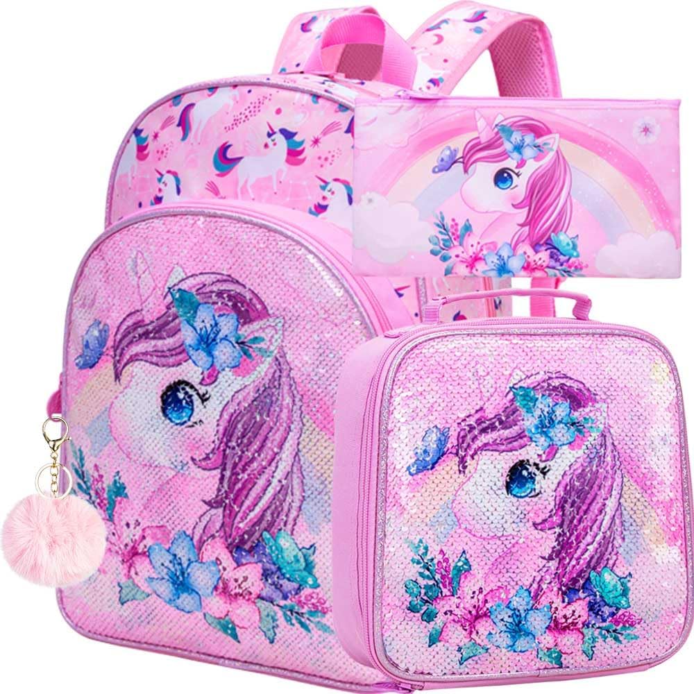 KLFVB 3PCS Unicorn Mermaid Backpack for Girls, 16" Sequin Kids Bookbag and Lunch Box, Preschool Backpacks for Elementary