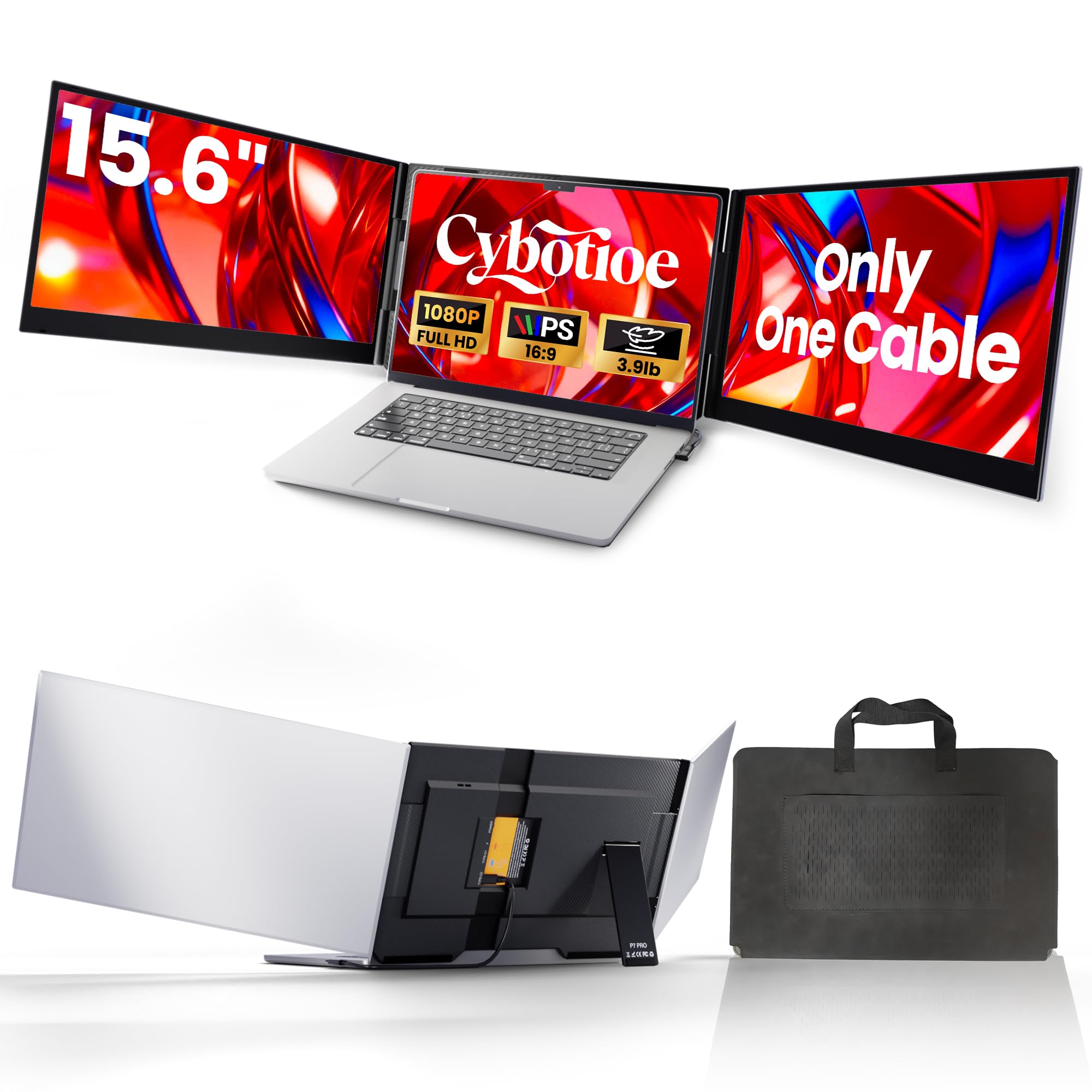 Cybotioe 2026 New One Cable Connection Laptop Screen Extender Monitor Portable, Ultra Thin 15.6" 1080P FHD Triple Screen,Fit for 13-17" Laptop, Plug & Play Compatiable with Win/Mac/Chrome/Android - 1