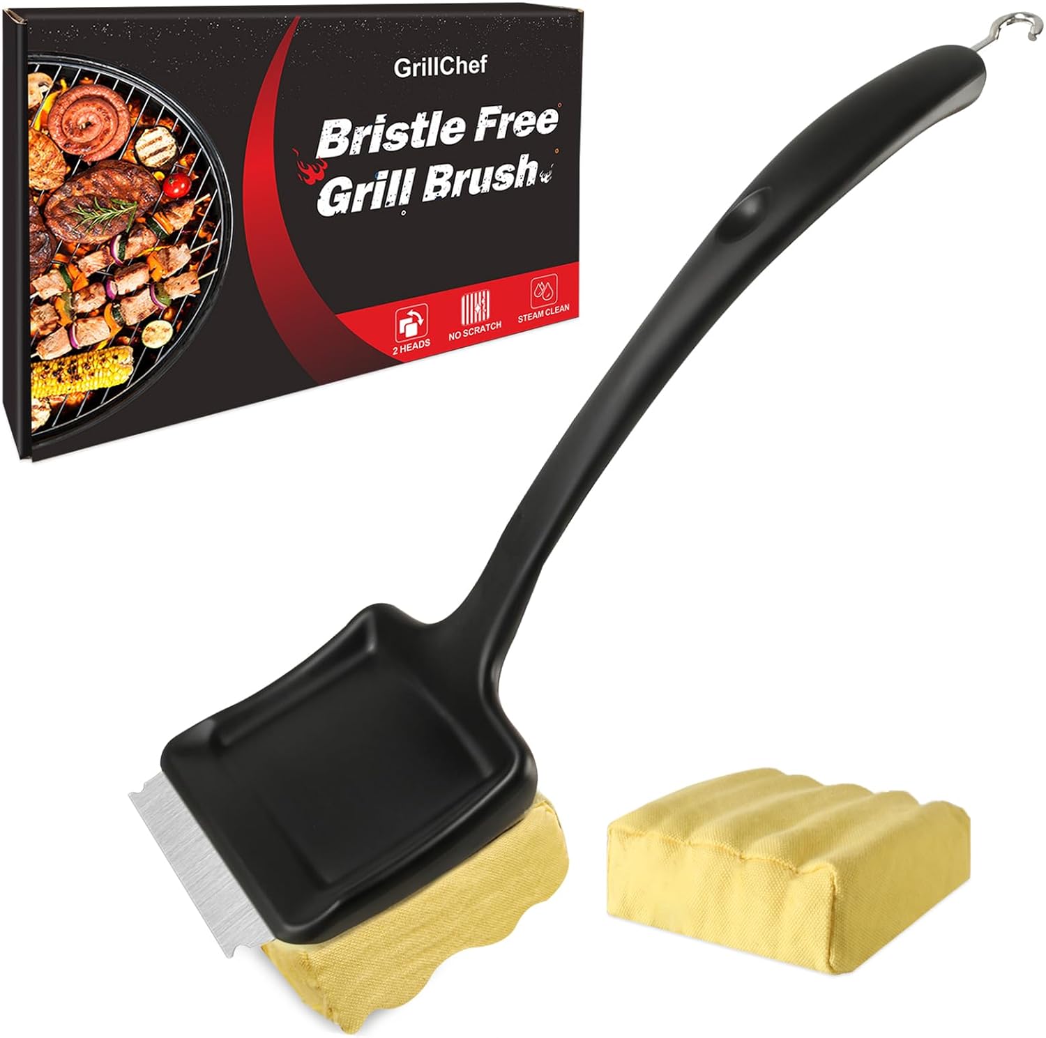 GrillChef Grill Brush Bristle Free, BBQ Cleaner Brush with Replacement Wavy Head, 18 Inch Long Handle, Seamless Scraper Tool for Cast Iron, Stainless Steel Grates, Safe Barbecue Cleaning
