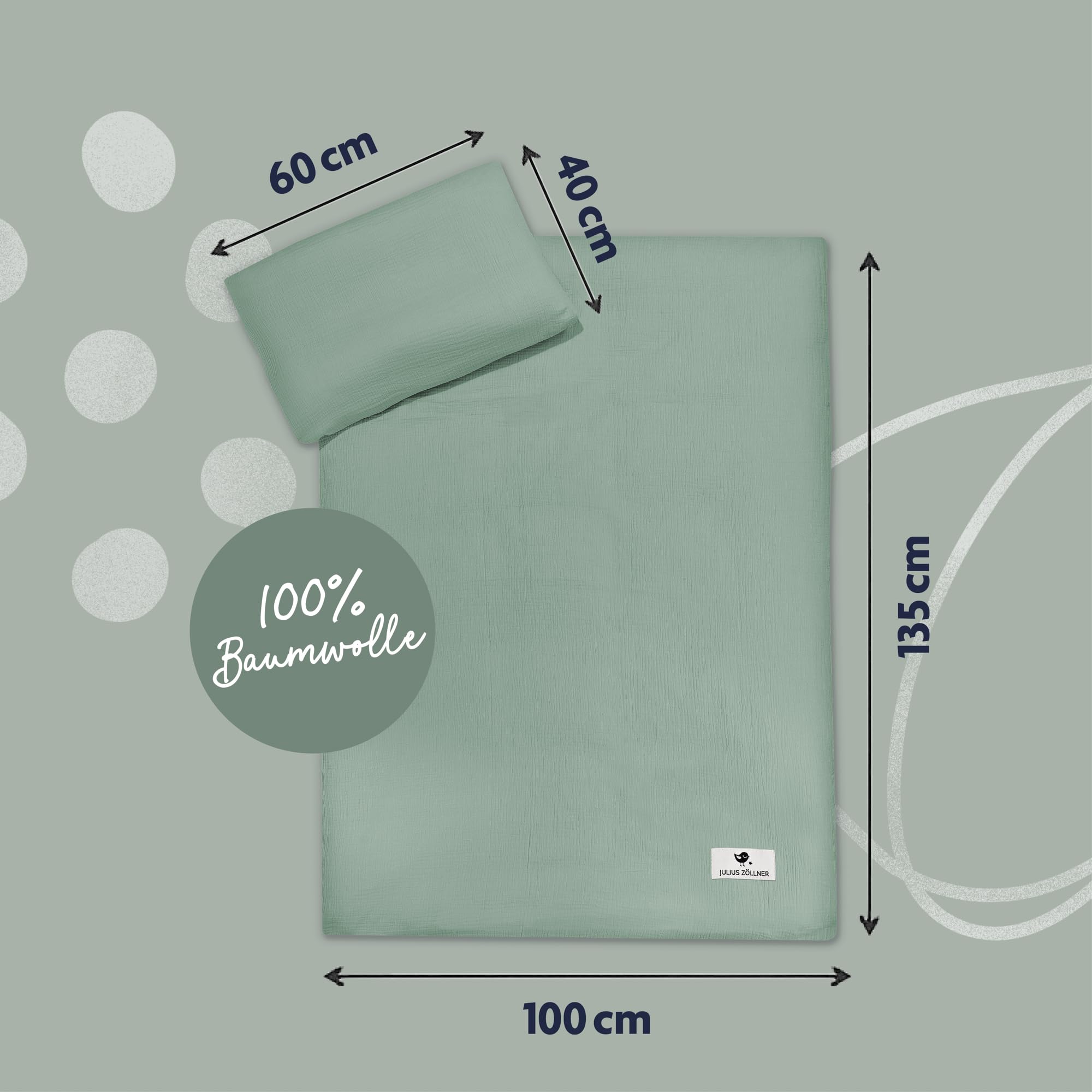 Julius Zöllner Musselin Kinderbettwäsche 100x135 + 40x60 cm | 2-teiliges Set aus Deckenbezug und Kissenbezug aus 100% Baumwollmusselin | Oeko-TEX Standard 100 | grün