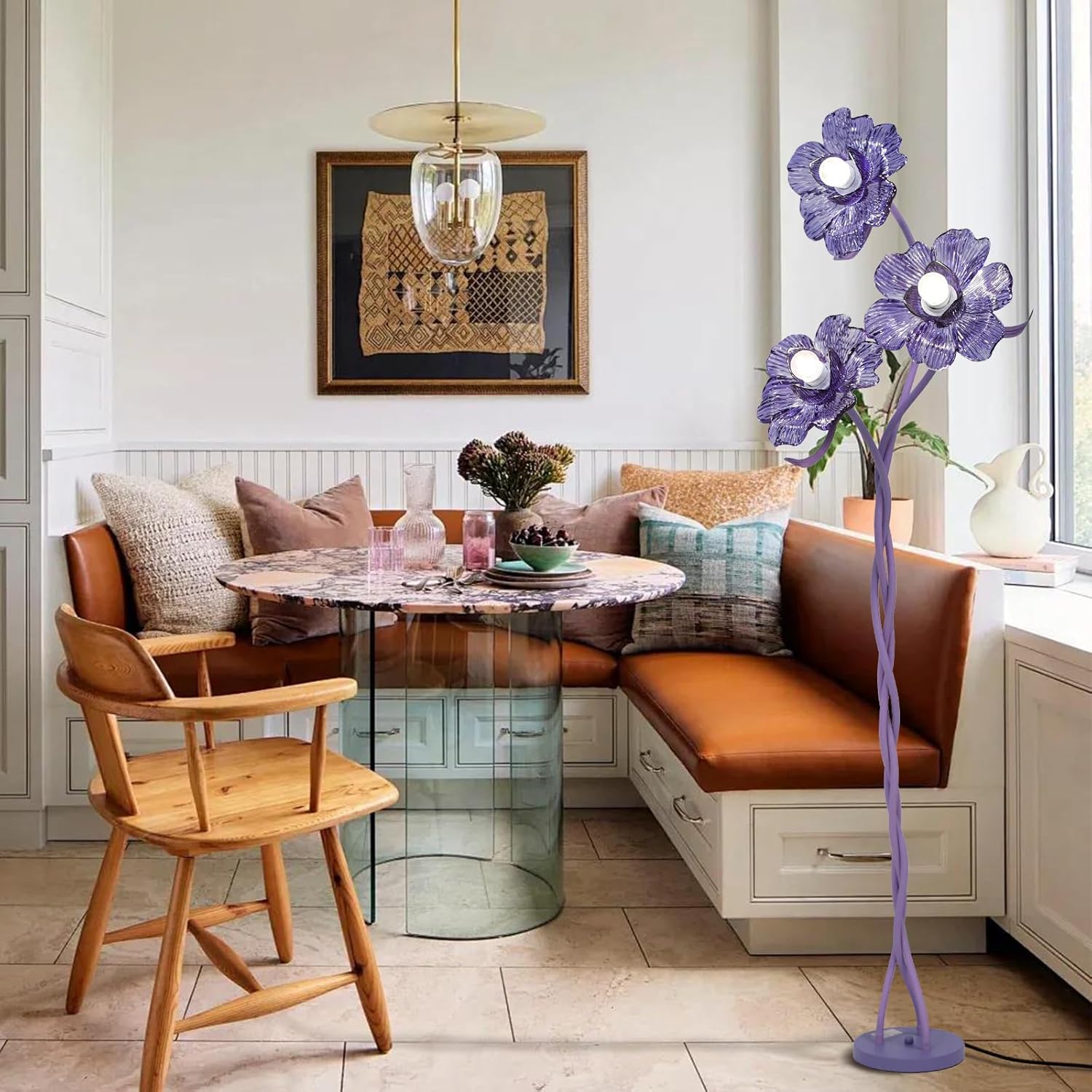 Vintage Flower Floor Lamp for Girls' Bedroom, Cute 3 Heads Floor Reading Light with Flexible Gooseneck, 3 Colors Crabapple Flower Modern Corner Standing Lamp for Living Room Office Home Decor (Purple)
