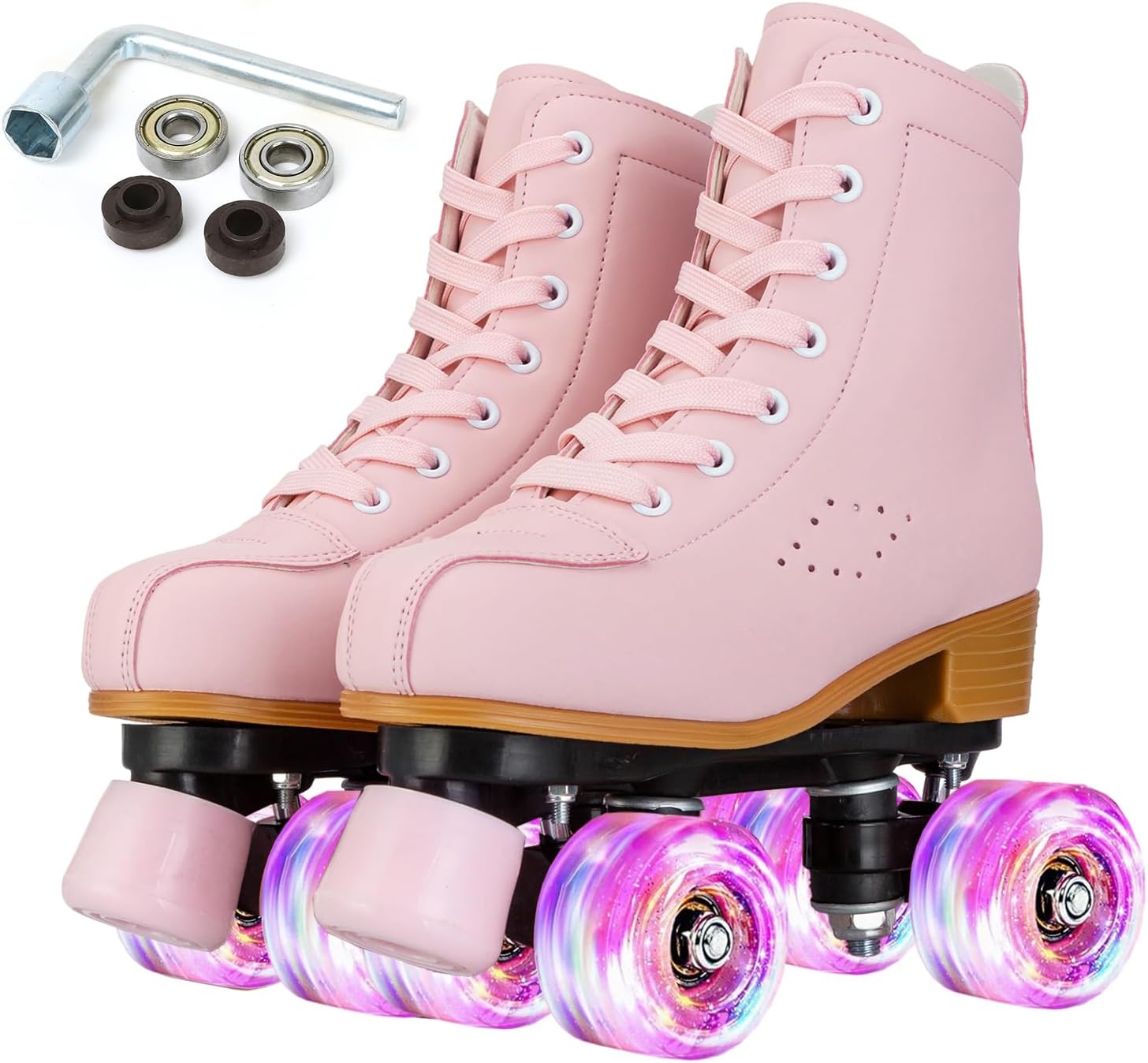 SilverTree Roller Skates for Women and Girls PU Leather High-top Adult Roller Derby Skate Wheels Light Up Roller Skates Four-Wheel Shiny Roller Skate