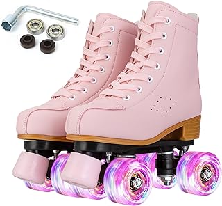SilverTree Roller Skates for Women and Girls PU Leather High-top Adult Roller Derby Skate Wheels Light Up Roller Skates Four-Wheel Shiny Roller Skate