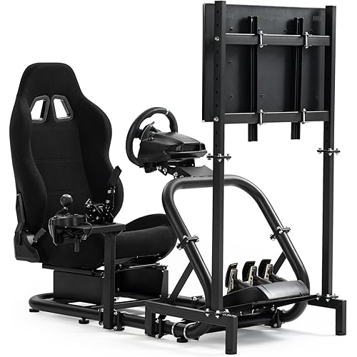 Supllueer Racing Sim Cockpit with Ergonomic Seat Fit for Logitech G27 G923 G920, for Fanatec, for Thrustmaster, 50mm Large Round Tube Driving Simulator Stand, No Steering Wheel Shift Pedal TV