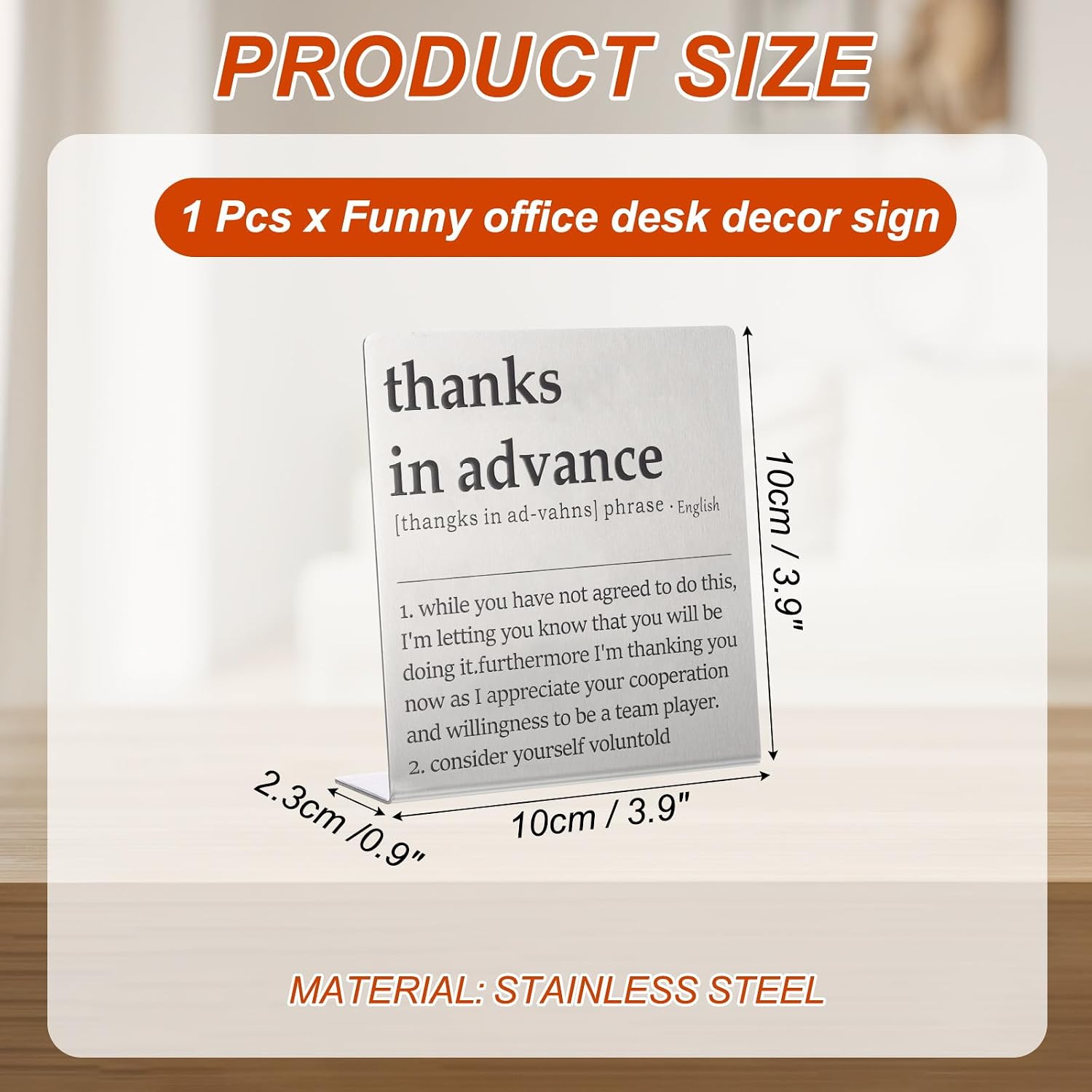 YOKIVE Funny Desk Sign, Funny Nameplate Cute Office Cubicle Decor Plaque for Women Employees Friends Gifts, Silver (Thanks in Advance)