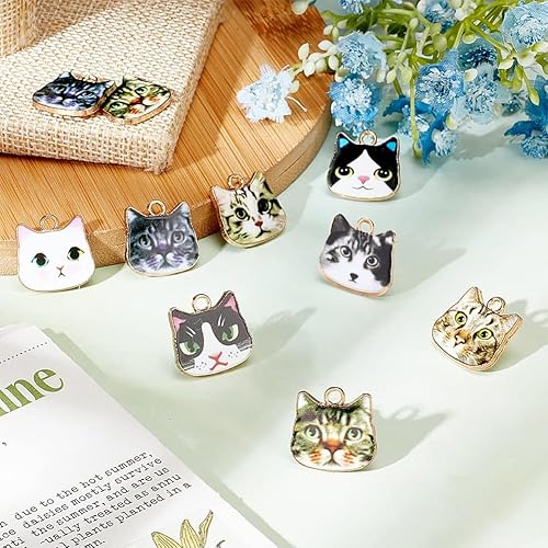 Miniatura 4 de SUNNYCLUE 1 caja de 8 estilos 48 piezas de dijes esmaltados de gato de aleación a granel, cabeza de gato, dijes para fabricación de joyas,