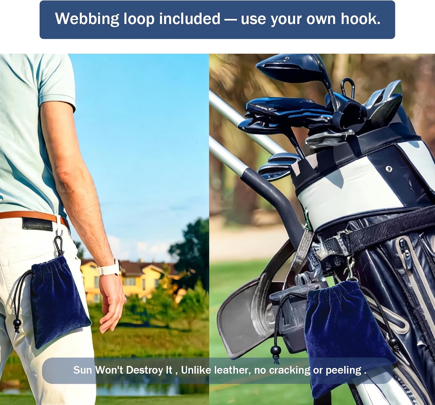 Lestyn Golf Tee Pouch with Drawstring, 5.7 x 7.87 Inch Small Accessories Bag for Ball Marker & Tees, Portable Valuables Pouch for Golf Cart or Bag, Built-in Webbing Loop for Any Hook