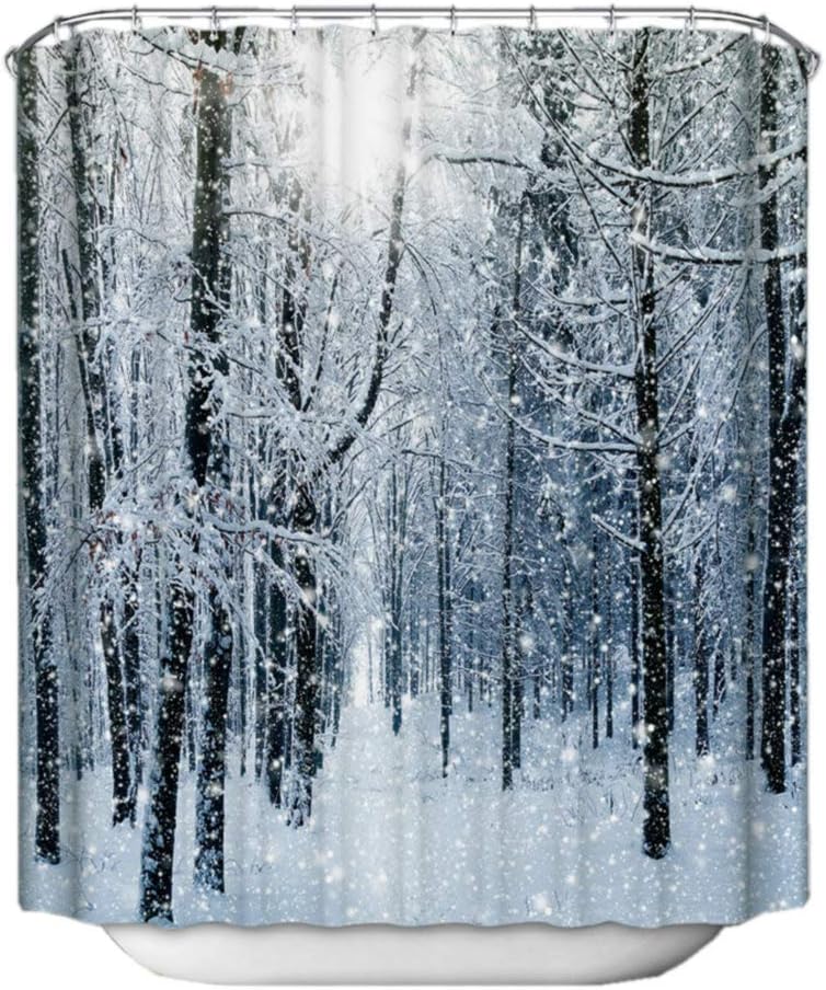 Fangkun Forest Shower Curtain, Winter Snow on Trees, Polyester Fabric Waterproof Bath Curtains Decor Set, 12PCS Shower Hooks