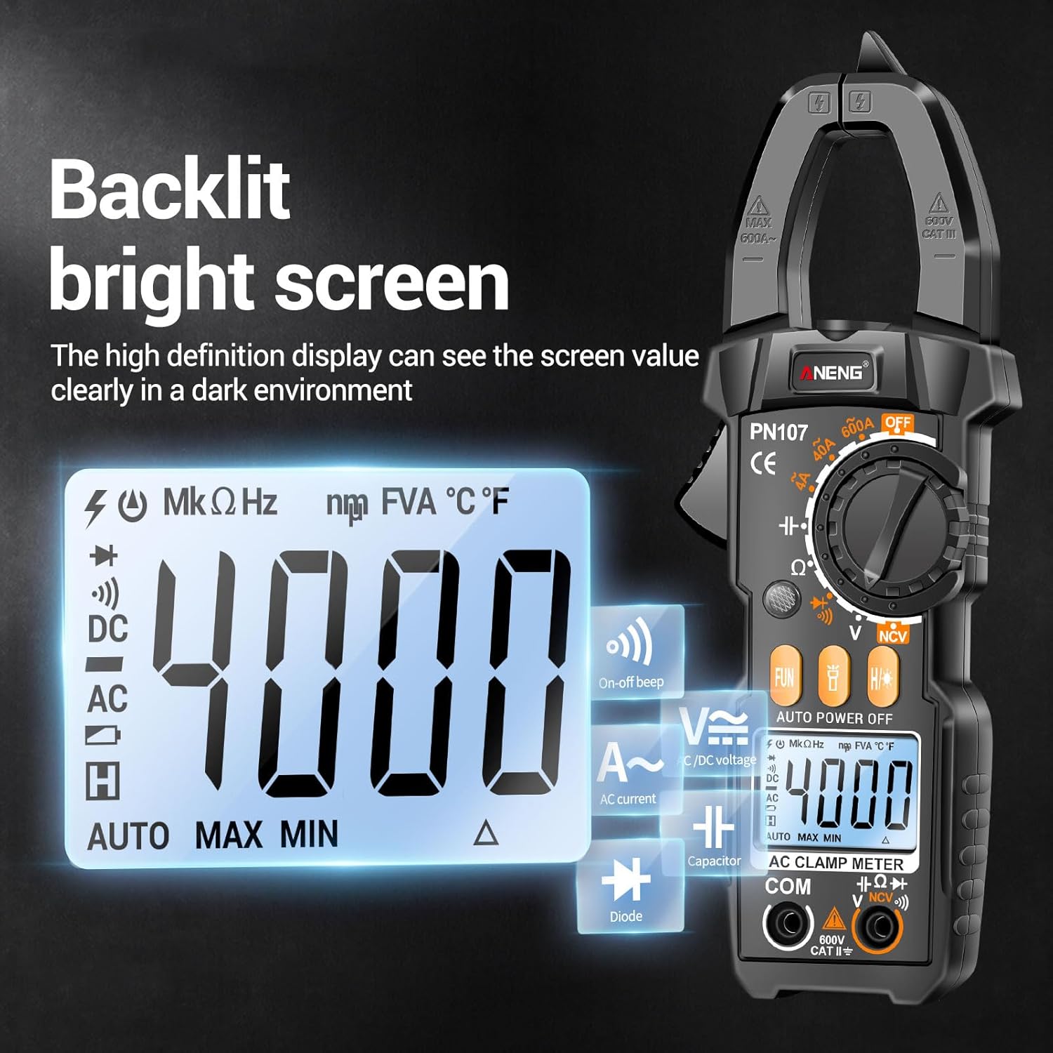 Clamp meter with backlit bright screen