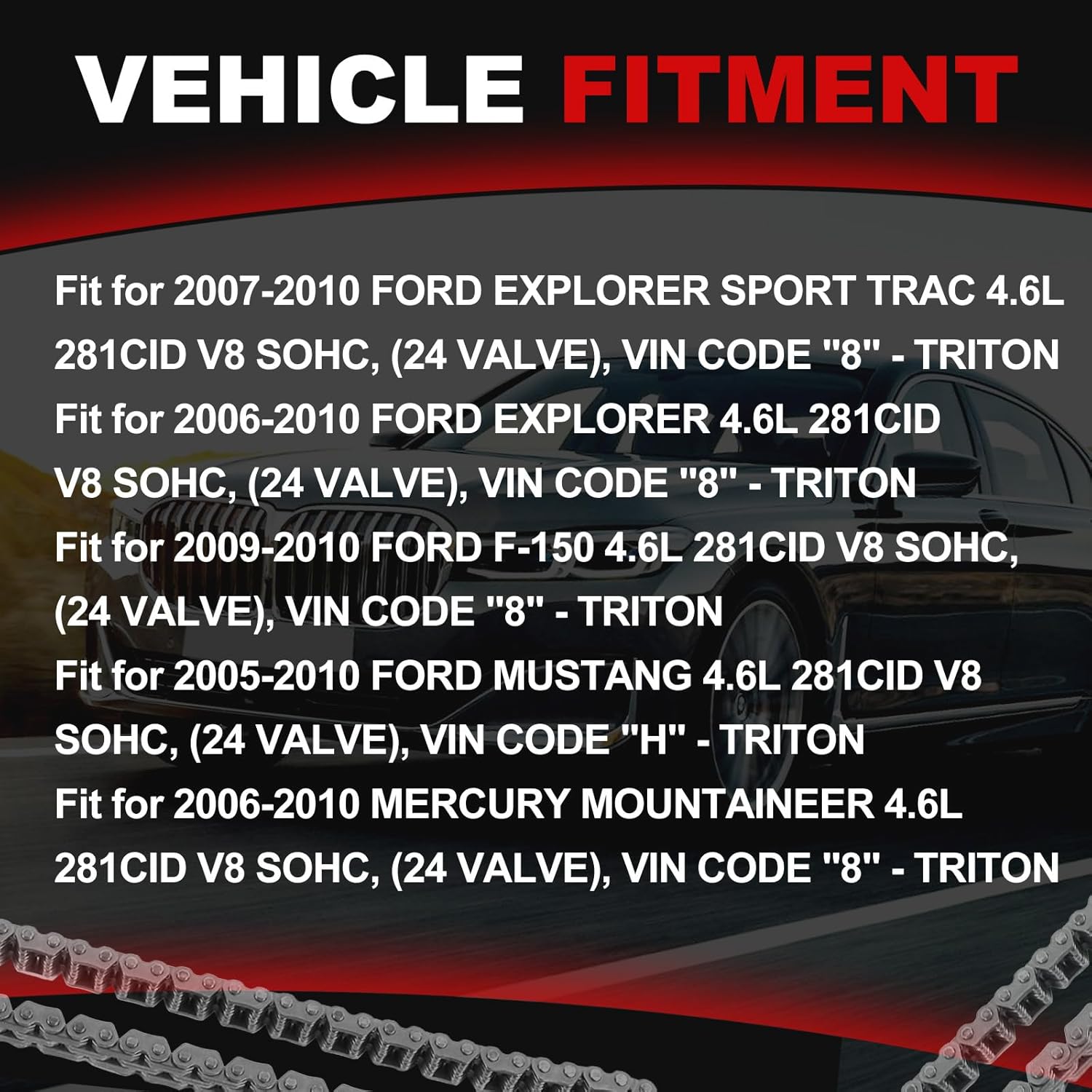 Engine Timing Chain Kit 4.6L Fit for 2005-2010 Mustang for 06-10 Explorer for 06-10 Mountaineer for 09-10 F150 Car Components Sets w Tensioner Guide Rail Cam Gears Solenoid