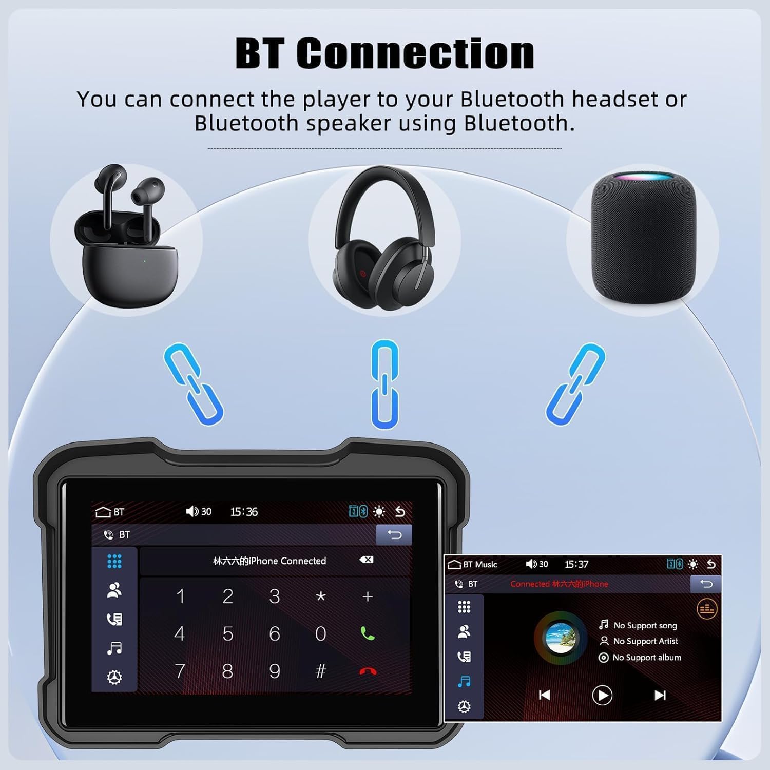 The display showing Bluetooth connection options, with icons for headphones and a speaker.