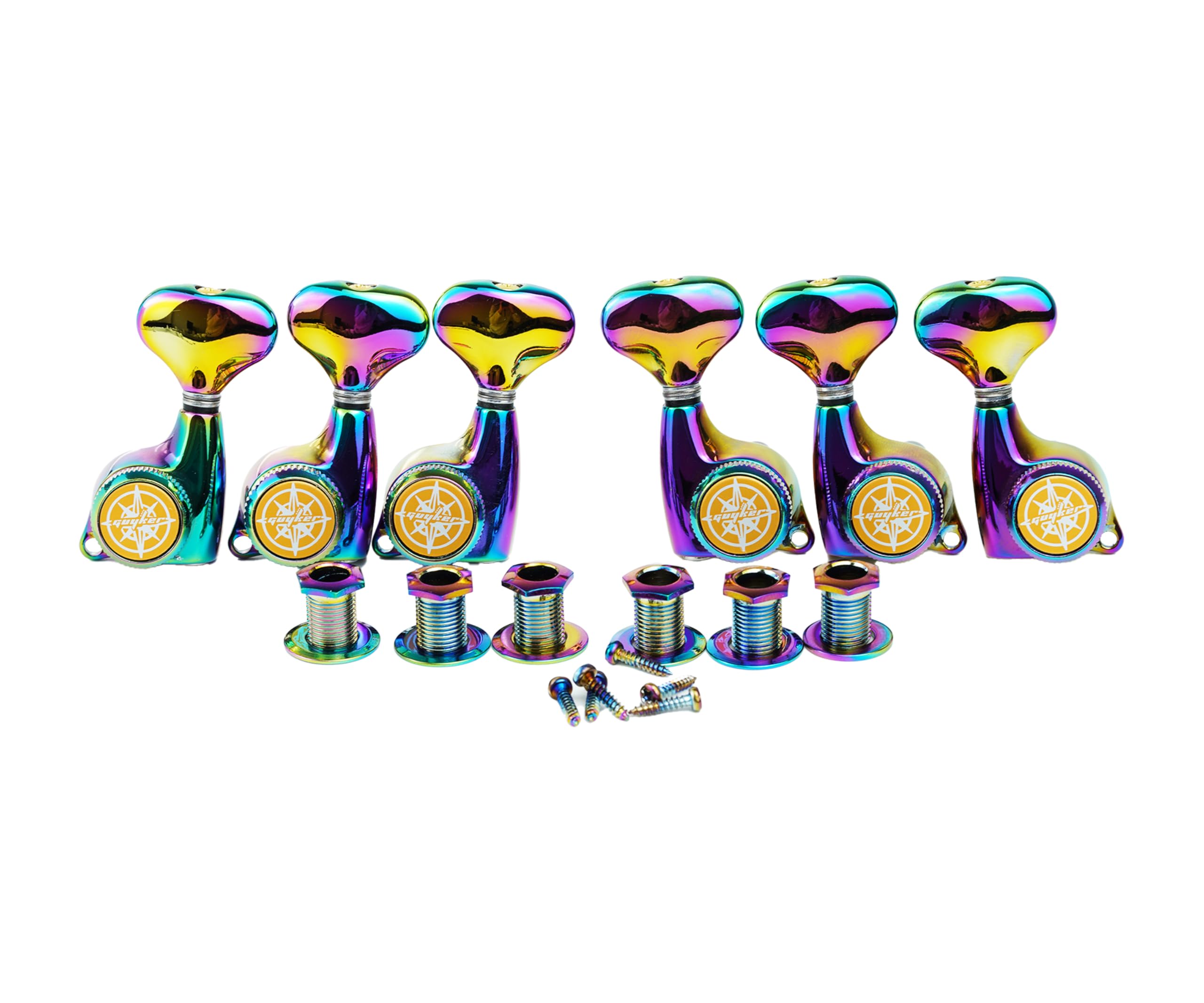 Guyker Guitar Locking Tuners (3L + 3R) - 1:21 Lock String Tuning Key Pegs Machine Head Set Replacement for ST TL SG LP Style Electric, Folk or Acoustic Guitars – Chameleon Rainbow