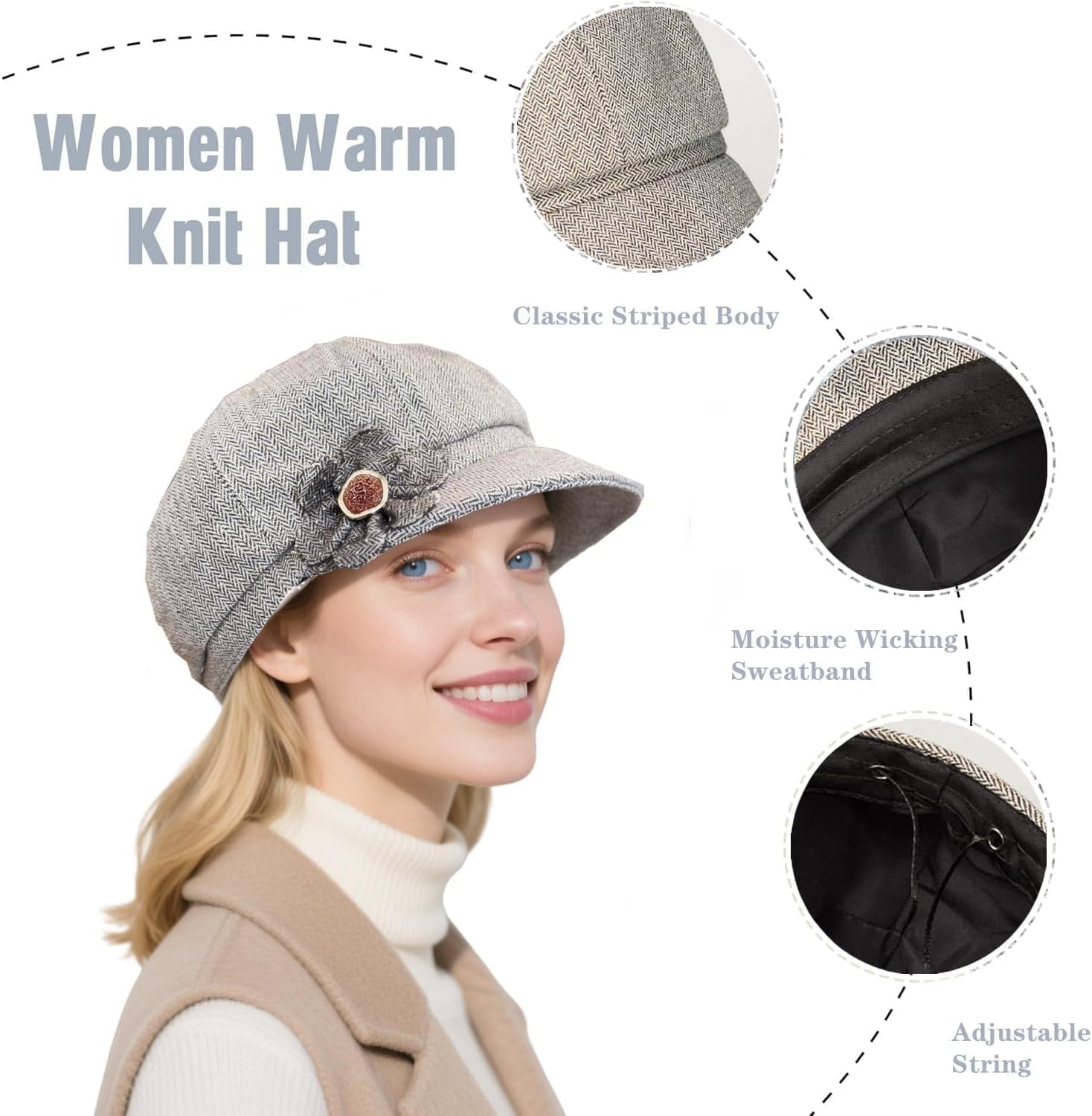 4 Pcs Womens Newsboy Cap Women Retro Classic Visor Newsboy Cabbie Cap Beret Hats with Flower Buckle for Woman Ladies Cabbie Fiddler dressie Newsboy Hats for Girls Gift Black