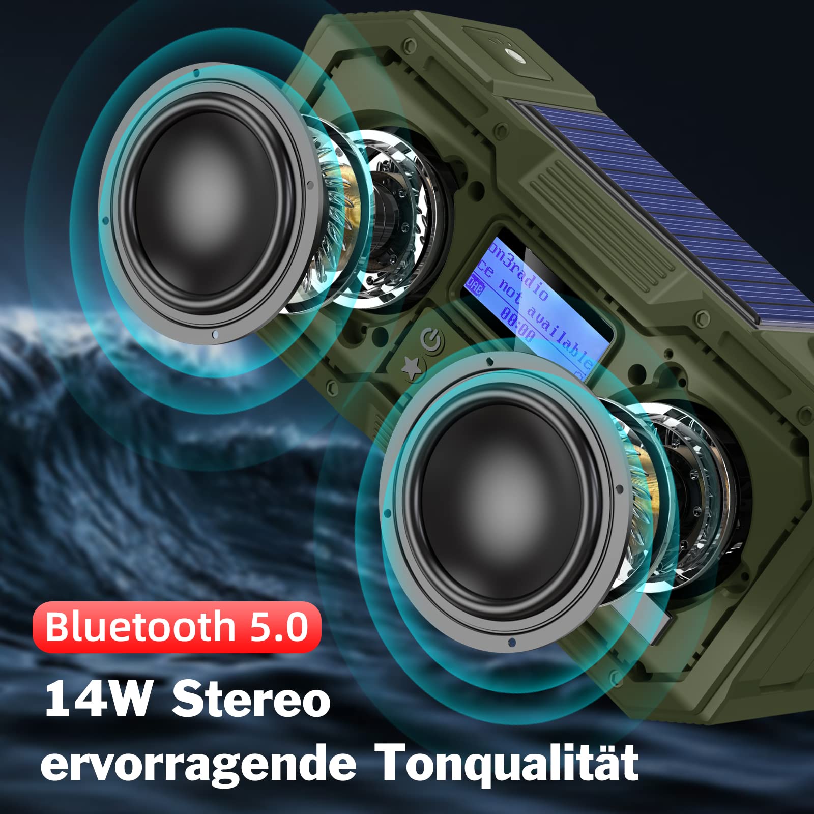 Radio FM portable DAB avec haut-parleur Bluetooth étanche, radio à manivelle avec fonction de charge de téléphone portable, 4000 mAh, batterie externe, lampe de poche, stroboscopique, thermomètre,SOS
