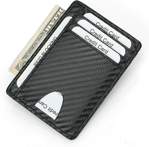 Miniatura 5 de Cartera delgada plegable de cuero minimalista con bolsillo frontal, tarjetero con ventana de identificación, Negro-1, Minimalista