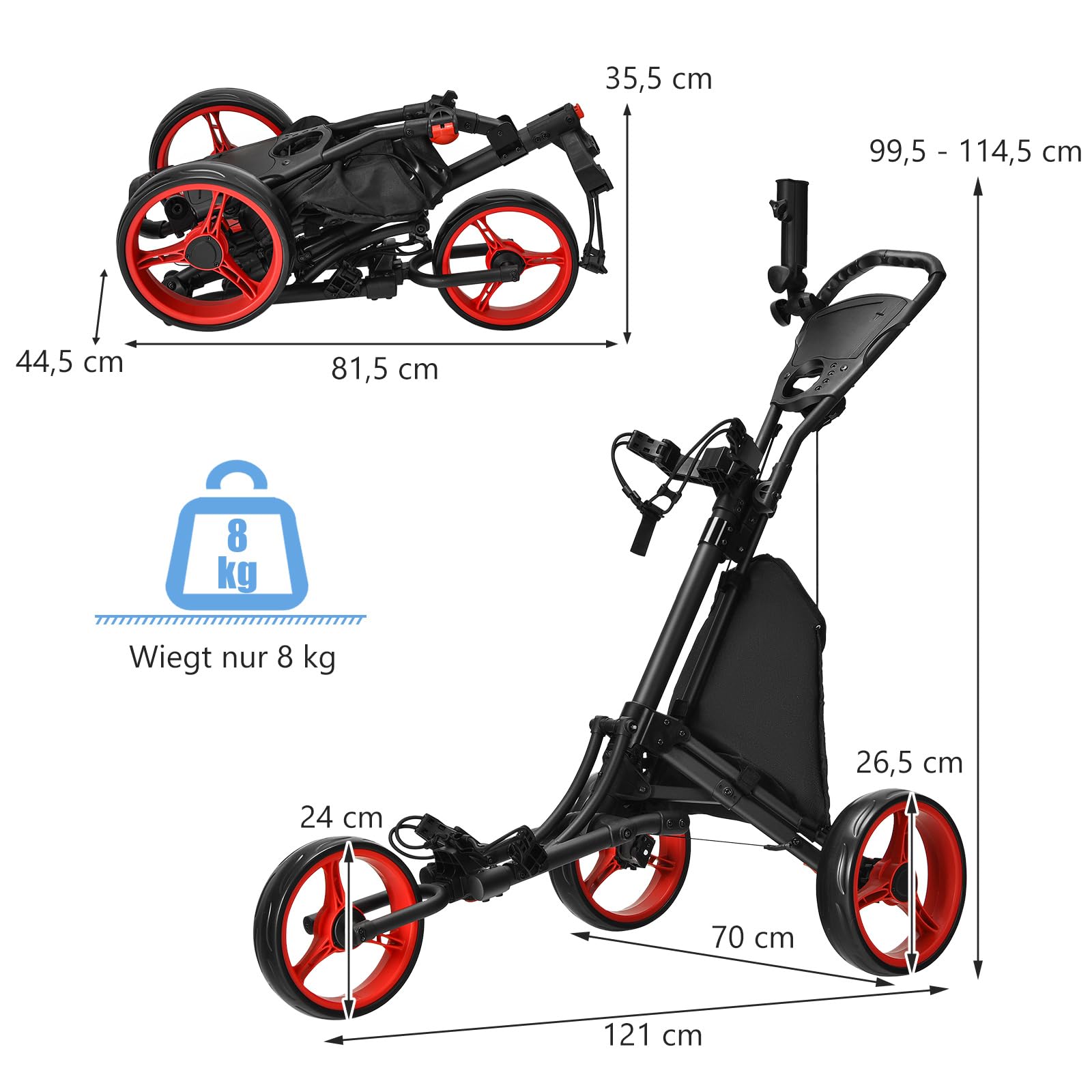 COSTWAY Golf Trolley, 3 Rad Golftrolley, Golfwagen Golf klappbar, Golfcaddy Golf Push Cart aus Aluminum, Golfcaddy mit Schirmhalter, T-Stückhalterung und Aufbewahrungstasche