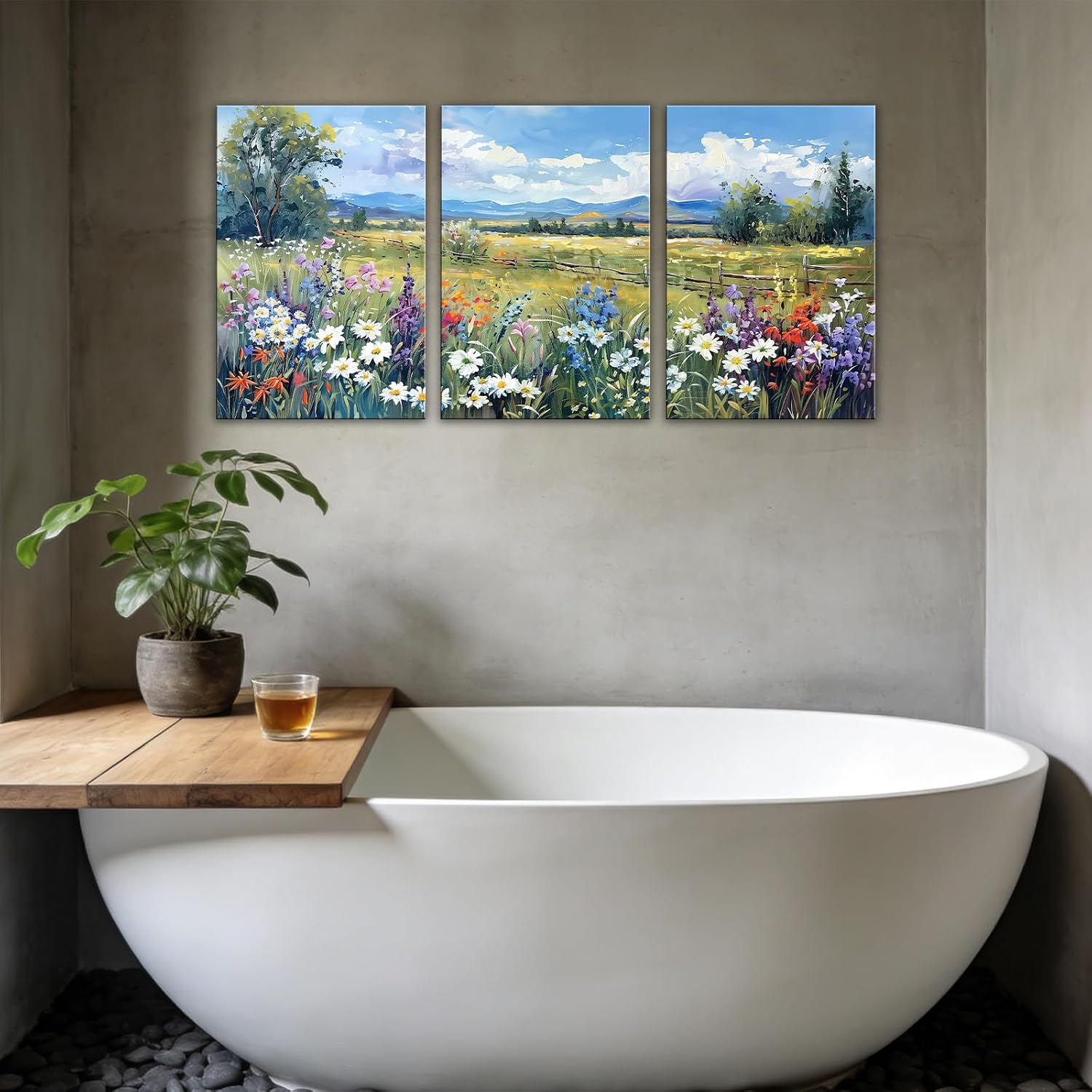 GLOKAKA 3Pcs Colorful Flowre Canvas Wall Art Daisy Wildflower Field Picture Print Natural Landscape Paintings for Living Room Bedroom Dining Room Wall Decor(Artwork-2,24"x36"x3pcs)