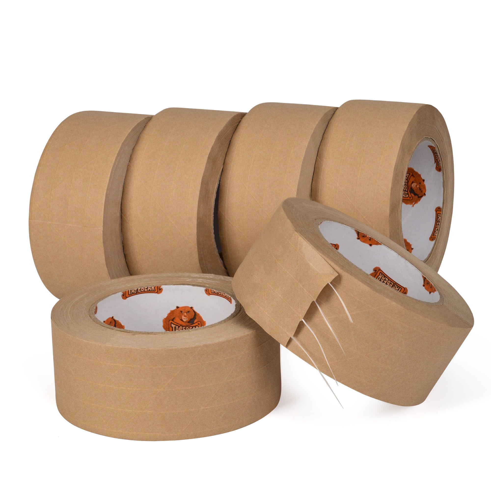 TAPEBEAR 6 Rollos Cinta engomada de papel Kraft Cinta engomada reforzada activada por agua cintas adhesivas biodegradables 50mm x 50m, reciclable cinta embalaje marron para envíos, mudanzas