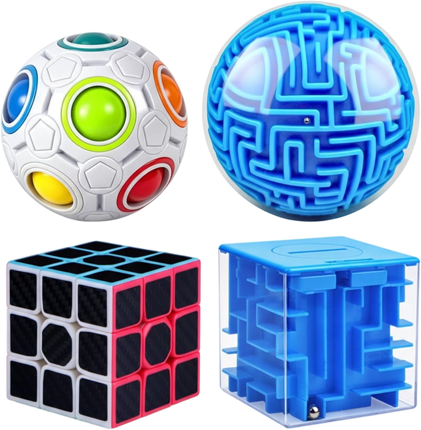 3D Rolling Ball Maze Cube, Brain Training Activity Set with 4 Pack Maze Puzzles, Skill Development Gift for Stress Relief and Travel Entertainment, Multi-Level Challenge Collection for Gifts
