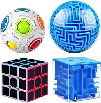 3D Rolling Ball Maze Cube, Brain Training Activity Set with 4 Pack Maze Puzzles, Skill Development Gift for Stress Relief and Travel Entertainment, Multi-Level Challenge Collection for Gifts