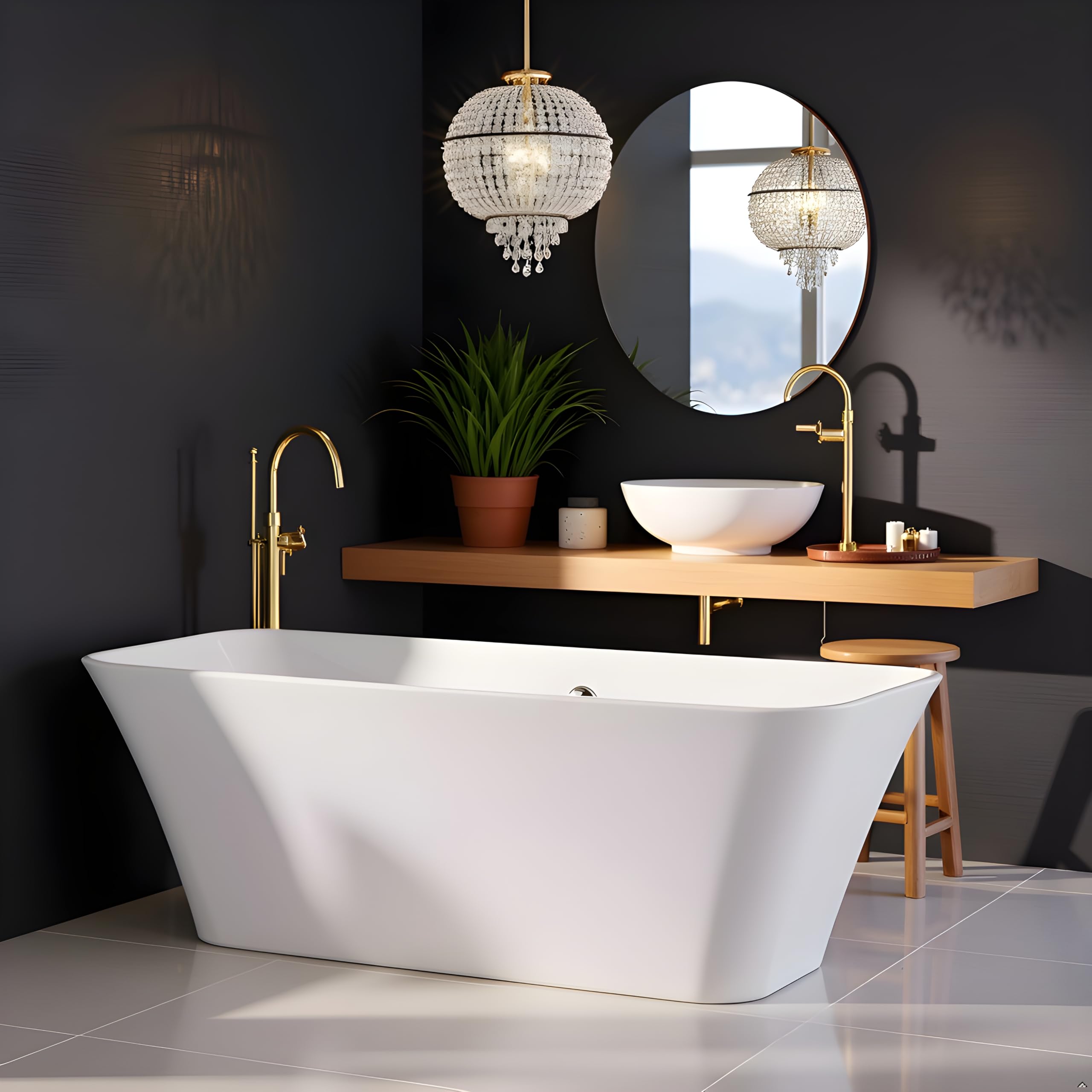 JABON BAGNO ERIS Freestanding Bathtub 170 cm – White Glossy Acrylic Soaking Tub with Overflow Drain, Brass Pop-Up Waste & Waste Pipe, 6-Layer Reinforced Standalone Bath Tub