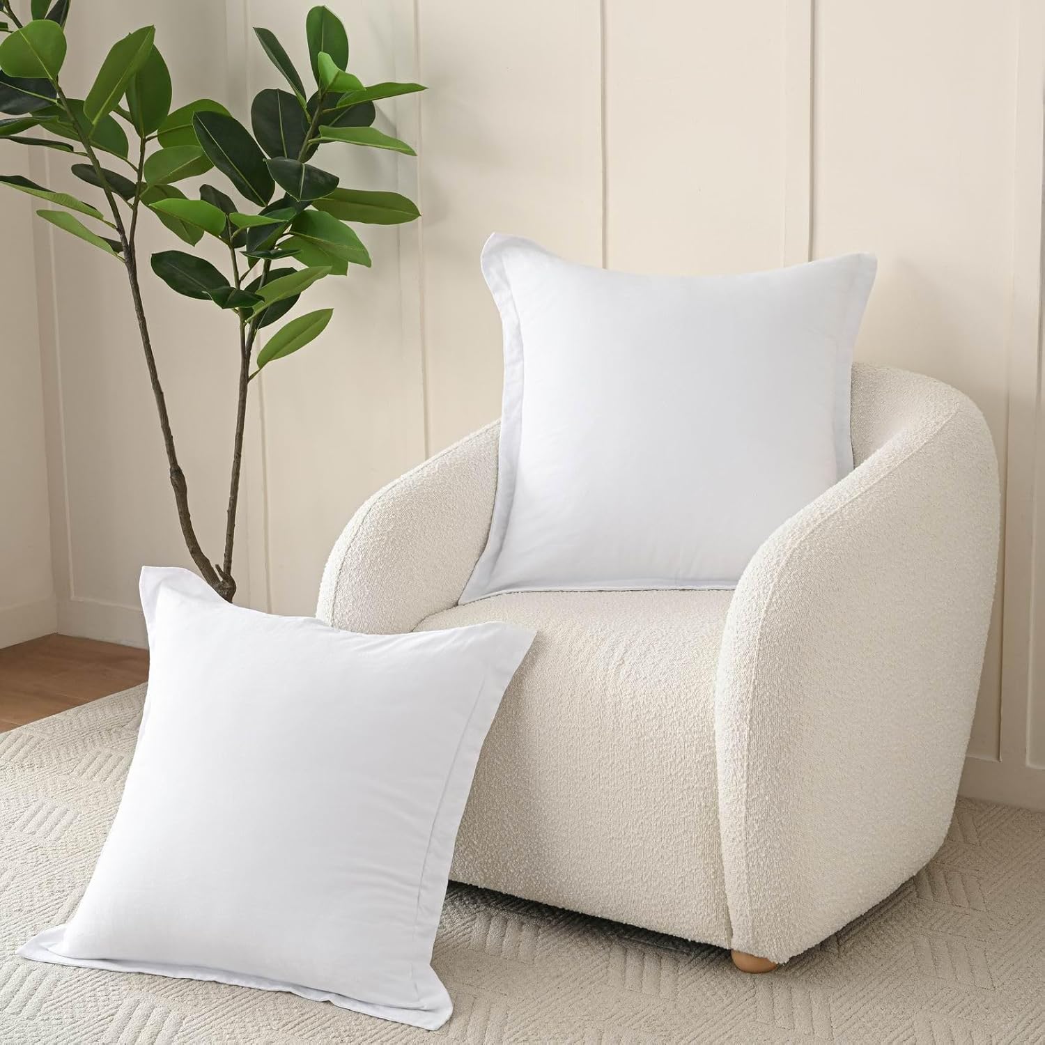 meadow park Stone Washed French Linen European Pillow Shams, Set of 2 Pieces, 26 inches x 26 inches Square Euro Sham, 1.5" Edge, White