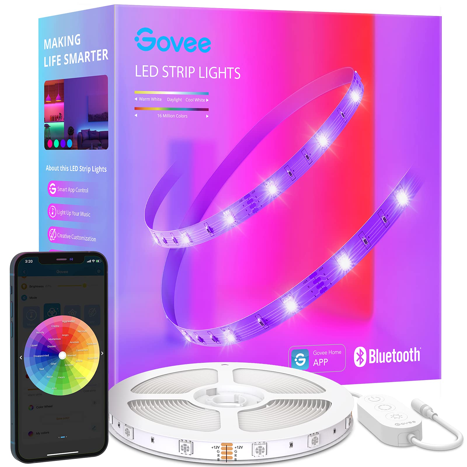 Govee 50ft LED Strip Lights, Bluetooth LED Lights with APP Control, 64 Scenes and Music Sync LED Lights for Bedroom, Living Room, Kitchen, Party, RGB LED Strip Lights, ETL Listed Adapter