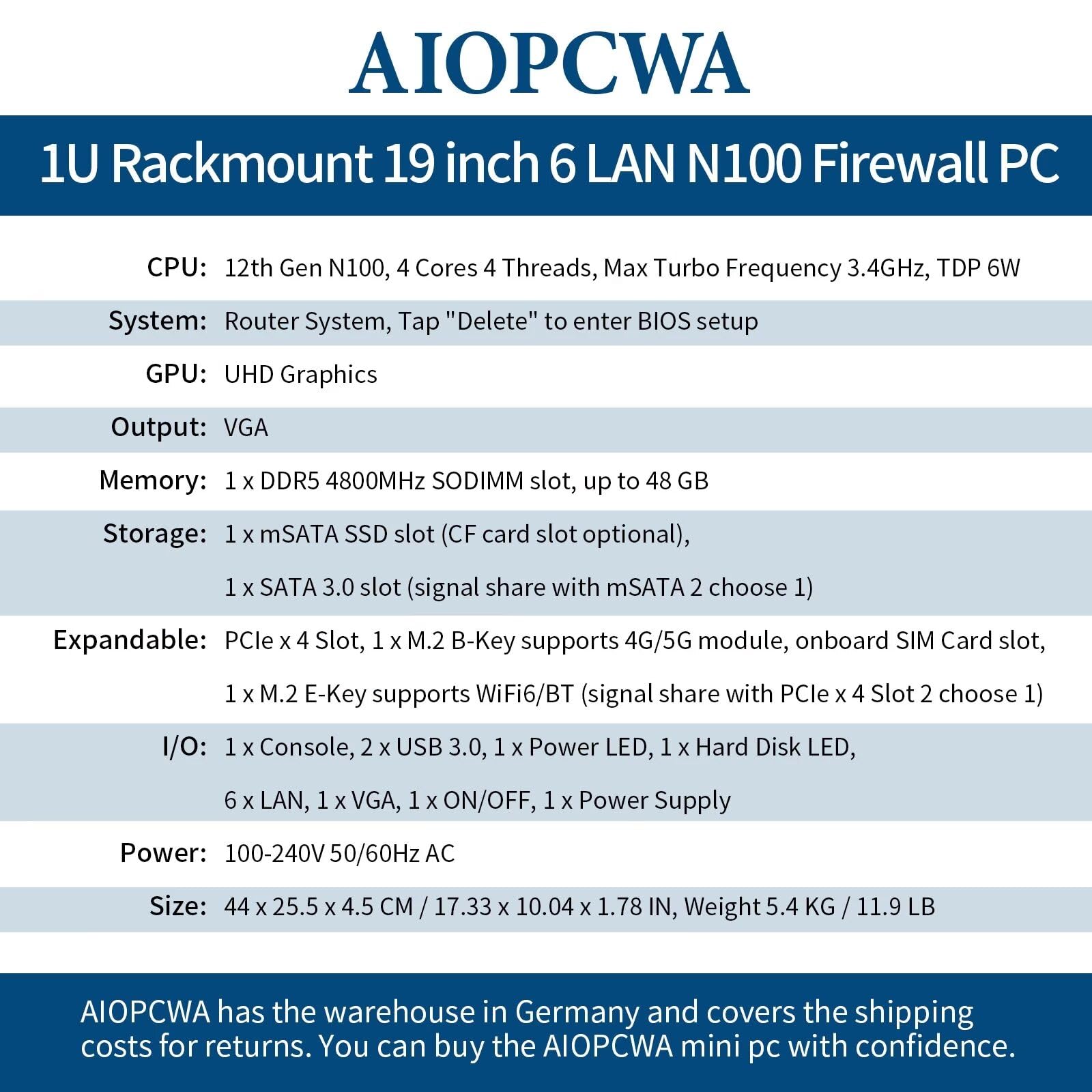 Pare-feu 1U N100, 6 x i226-V 2,5 GbE LAN Firewall Hardware VPN Routeur PC, DDR5 8 Go RAM 512 Go SSD OPNsense Hardware 19" pour serveur Homelab avec VGA, SIM