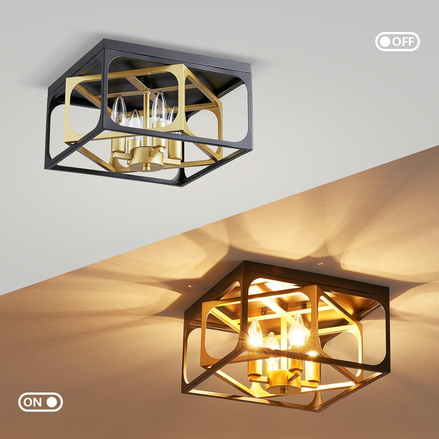 Modern 4-Light Chandelier Ceiling Light, Gold Ceil Light Fixture for Dining Room, Living Room, Bedroom, Black Canopy and Gold Frame, E12 Socket, L12.6inch * W12.6inch * H10.7inch