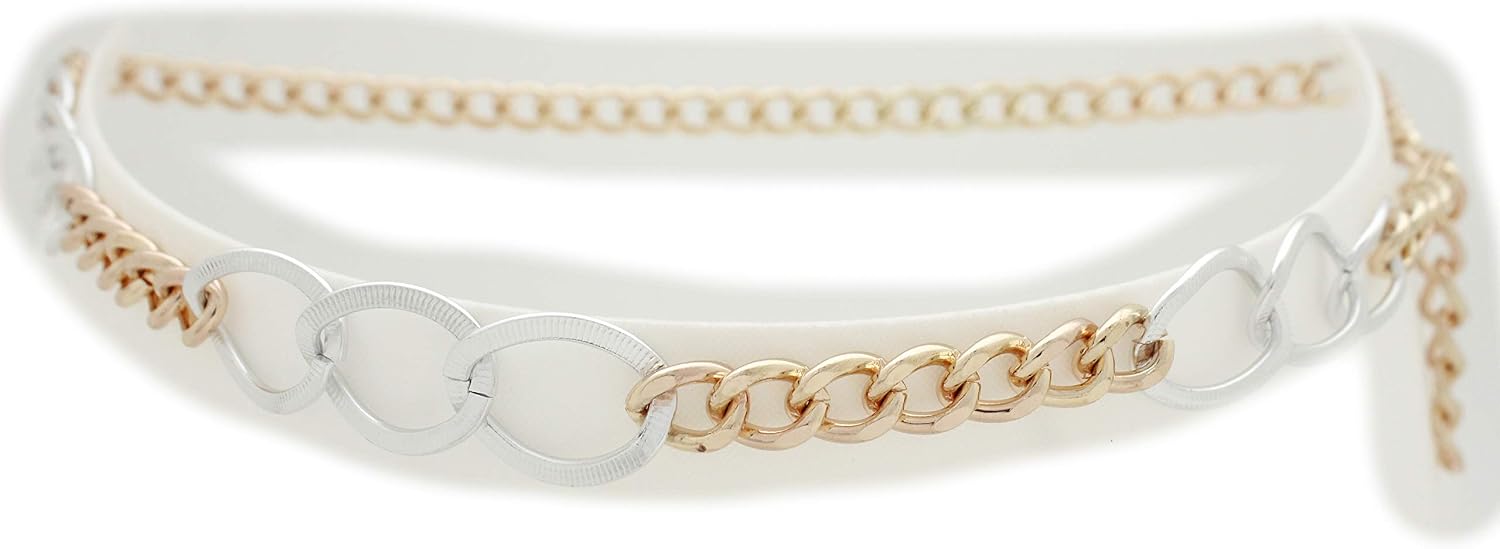 TFJ Women Fashion Belt Hip High Waist Gold Metal Chain Silver Chunky Links Size XS S M