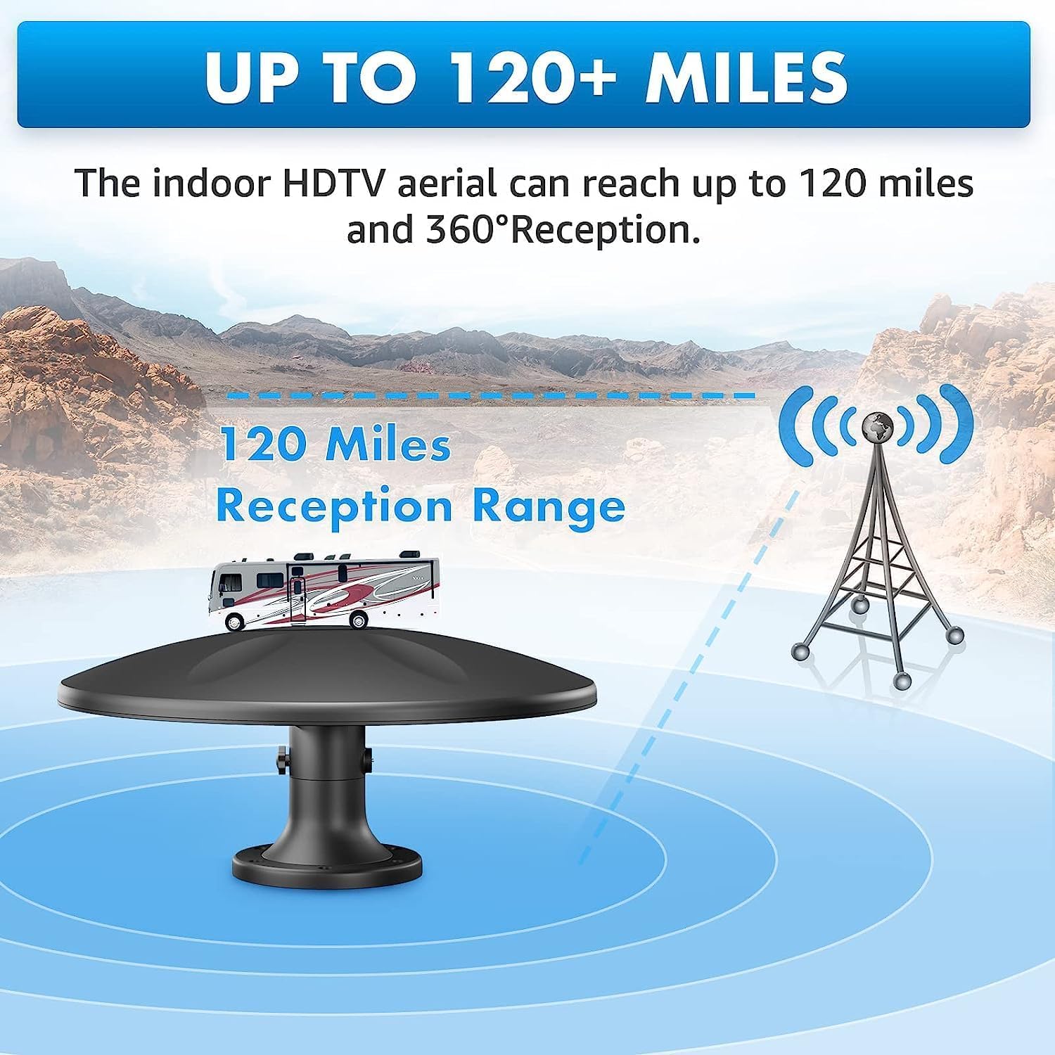 Antena de TV para exteriores amplificada digital HD con recepción de largo alcance, antena de TV al aire libre de largo alcance para caravana, remolque, camión, caravana, barco (negro)..