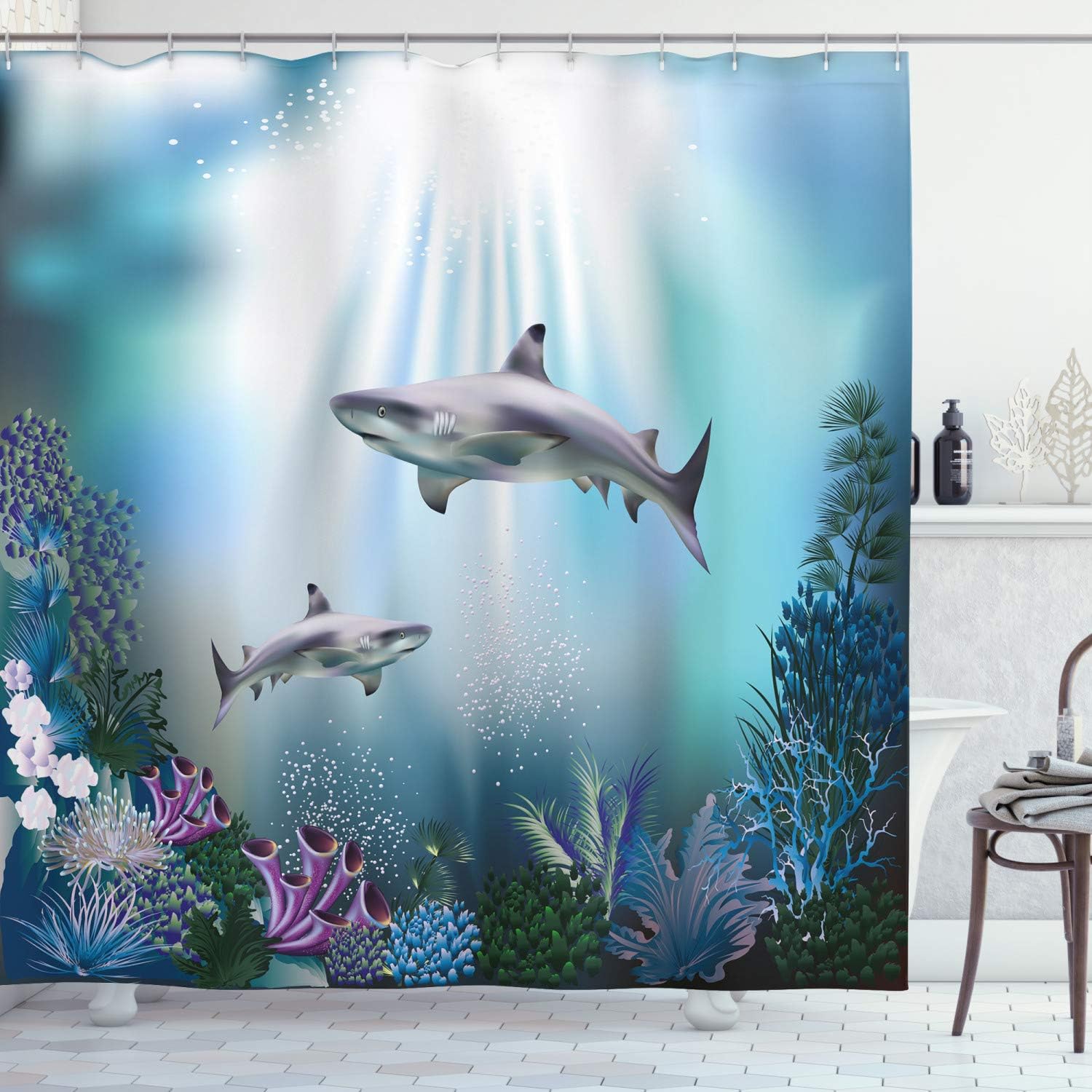 Ambesonne Underwater Shower Curtain, Realistic Illustration Wild Sharks Plants Corals Seaweed Aquatic Ocean Life, Cloth Fabric Bathroom Decor Set with Hooks, 69" W x 75" L, Multicolor Aqua Off White