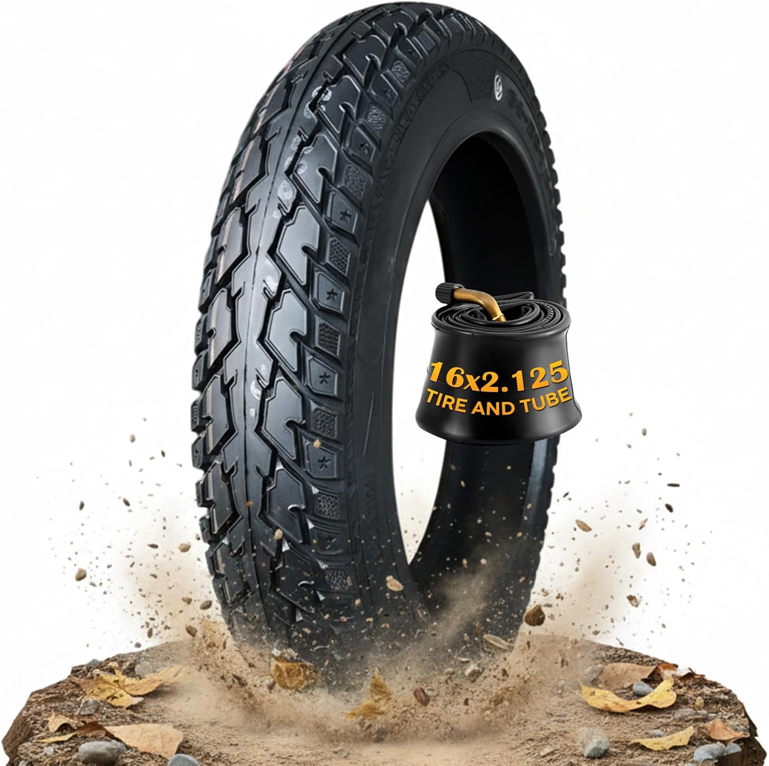 16x2.125 Ebike Tire and Tube Set Combo for Bike, 8-Level Heavy Duty Design, 16 X 2.125 Antipuncture Tire with Bent Valve Inner Tube, Neumático Camara 16 2.125 Off-road All-Terrain Tread