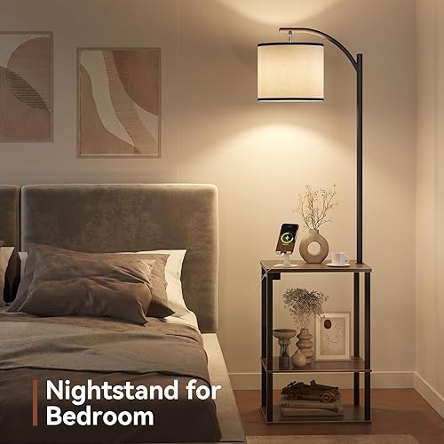 Miniatura 8 de SUNMORY Lámpara de pie con mesa, mesa auxiliar para sala de estar con lámpara, mesa auxiliar con estantes con estación de carga (puerto USB y CA),