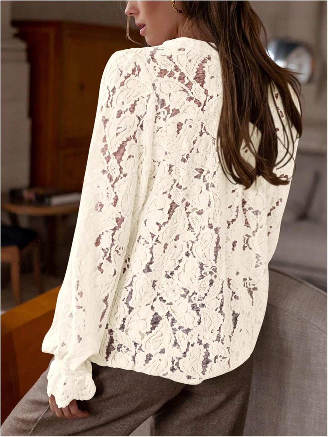 GORGLITTER Women's Lace Button Up Shirts Dressy Casual Sheer Bishop Long Sleeve Blouses Summer Tops Going Out Outfits - Image 2