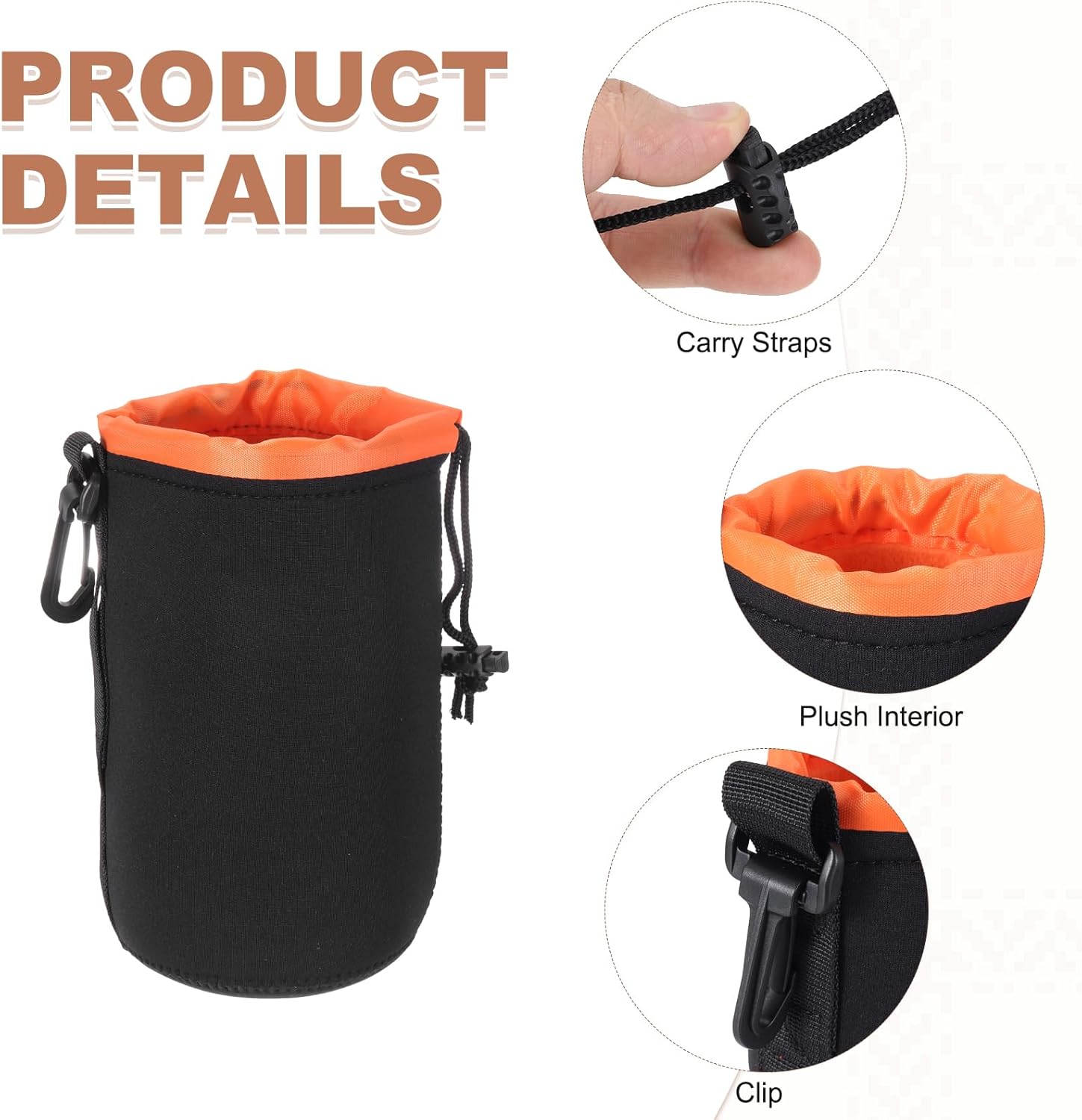 PATIKIL 2 Pcs Camera Lens Pouch, 4" ID x 7" H Drawstring Plush Lens Pouch Protective Camera Lens Case Bag Soft Plush Neoprene Bag for DSLR Photography Gear, Black/Orange