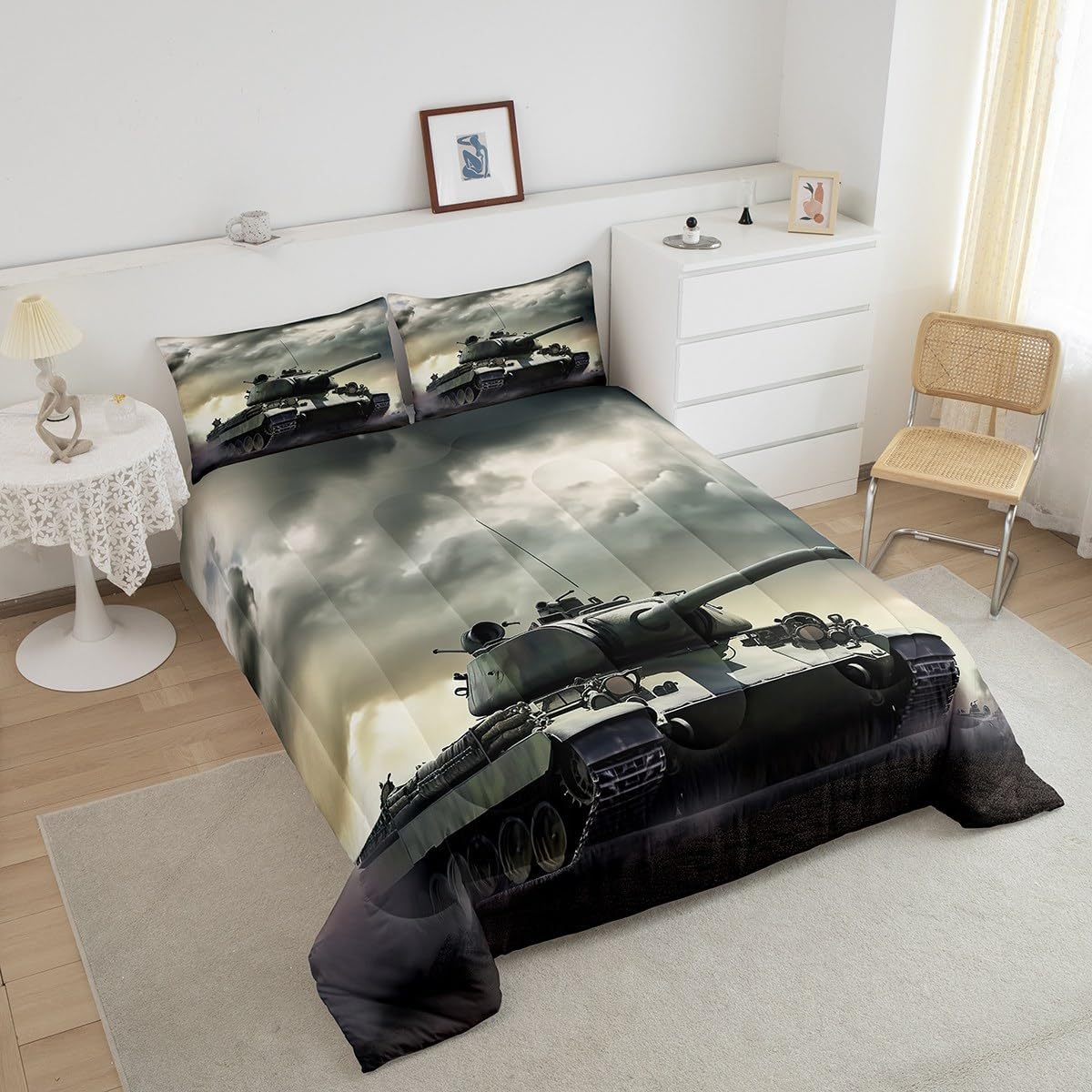 3D Printed Military Theme Tank Bedding for Boys & Men - Army Force Design Quilt Set, Queen Size, 1 Comforter 2 Pillowcases