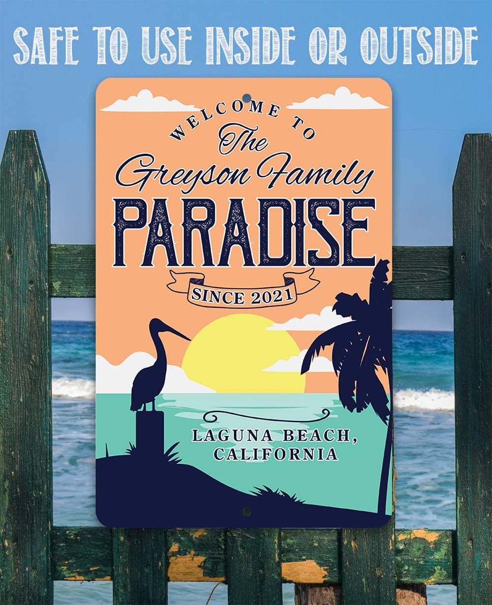 Personalized - Welcome To Paradise - Lake House and Beach House Welcome Sign, Custom Sun Palm Tree Birds Art Print, Beach Theme Display and Gift, 8x12 or 12x18 Indoor or Outdoor Durable Metal Sign