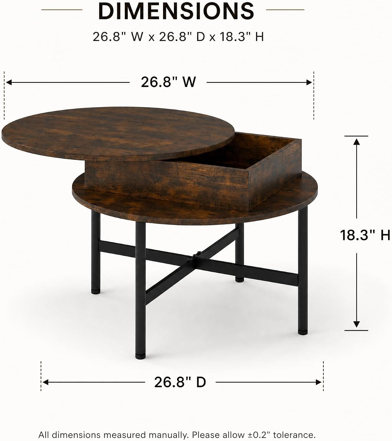 Mid Century Modern Small Round Coffee Table for Living Room, Rustic Brown