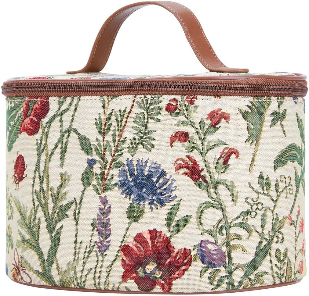 Signare Tapestry Toiletry Bag Makeup Organizer bag for Women with Sunflower Poppy Butterfly Dragonfly Morning Garden Design (TOIL-MGD)