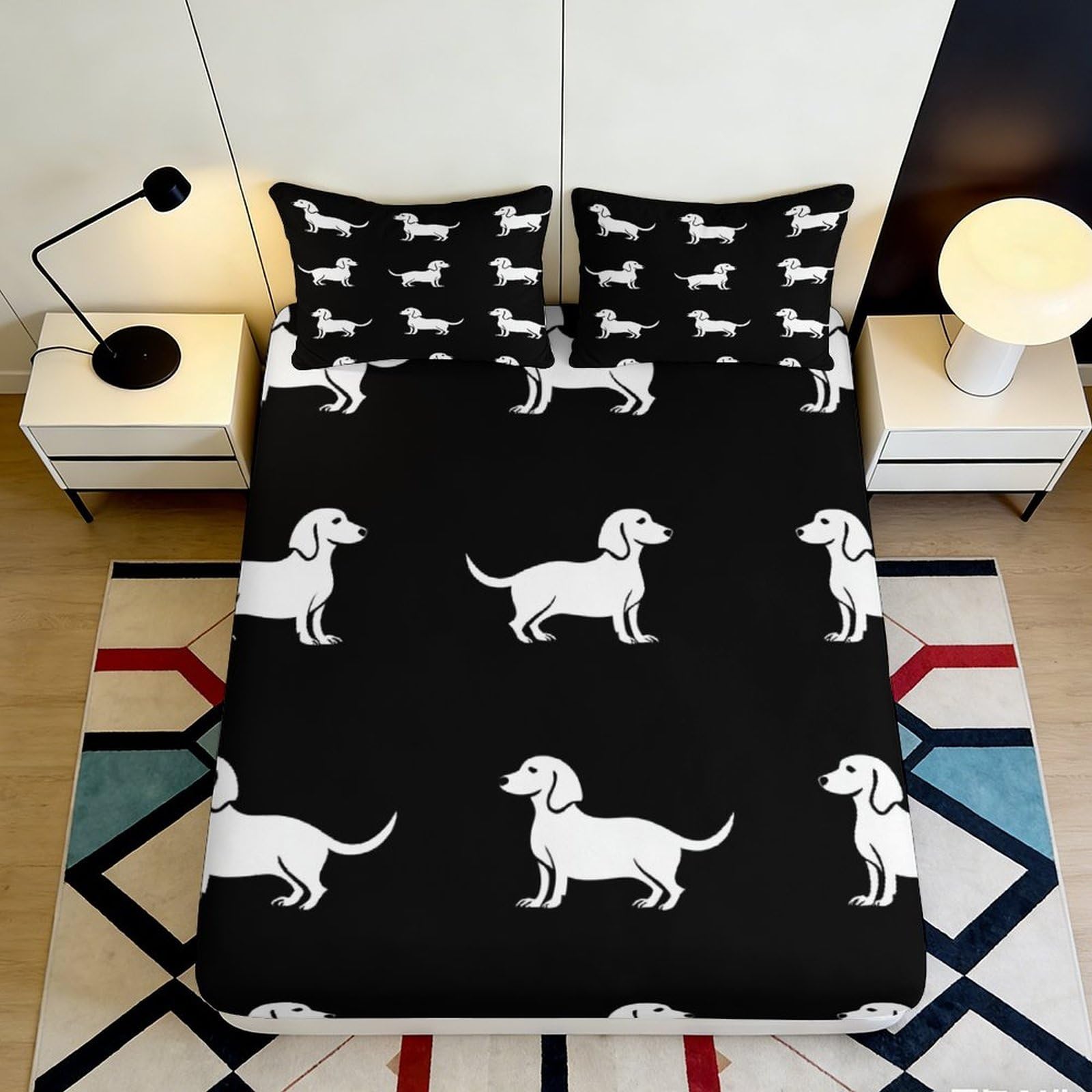 3D Printed Black Dachshund Fitted Sheet Microfiber Dog Pattern Bed Cover for Bedroom Guest Room Decoration Easy Care 90x200x25cm