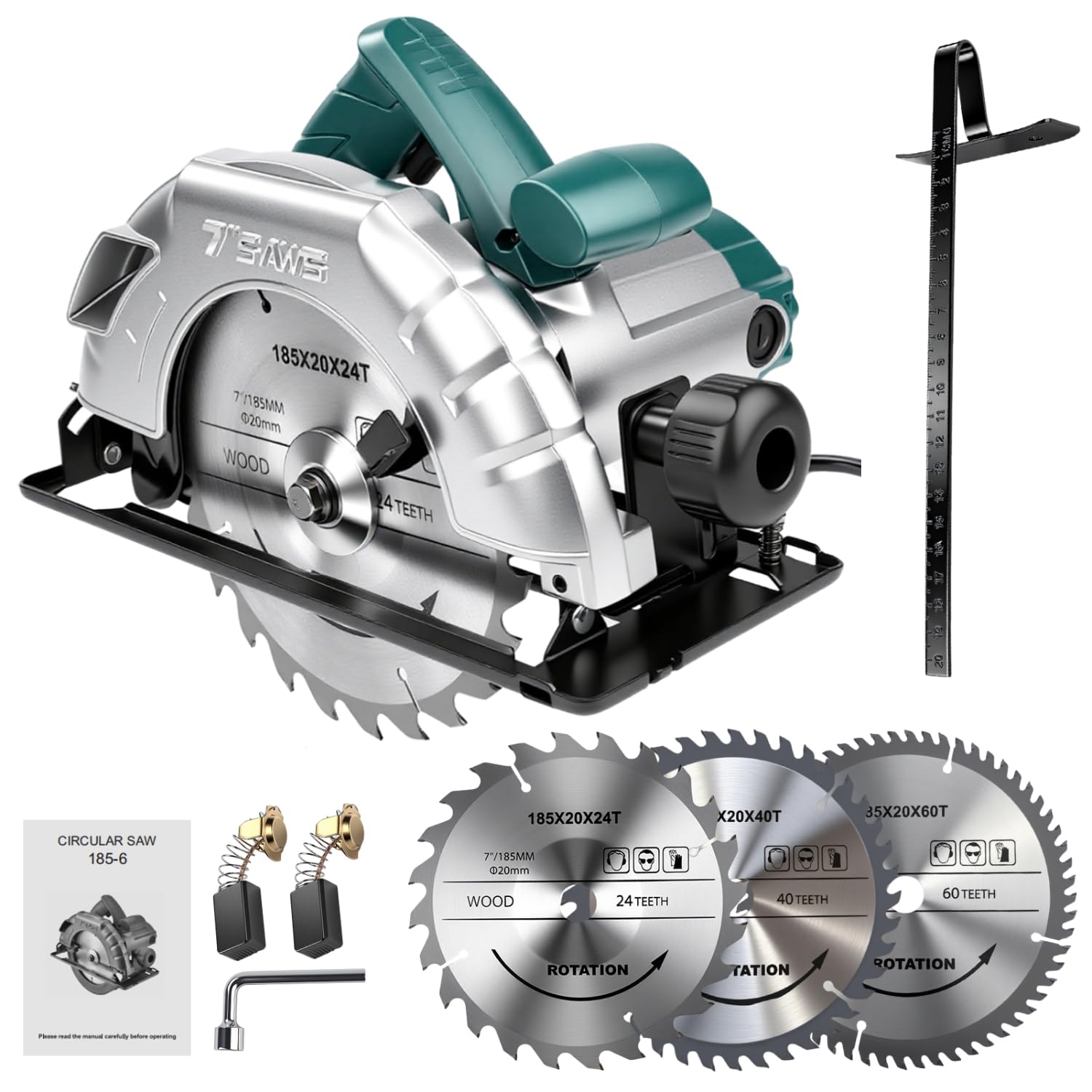 VOBOR 1200 W Sierra Circular de Mano 5200RPM, Profundidad de Corte 60mm(90°), 45mm(45°), Hoja de Sierra 185mm, Incluye Guía Lateral para Corte Recto y Llave, para Corte de Madera/Plástico
